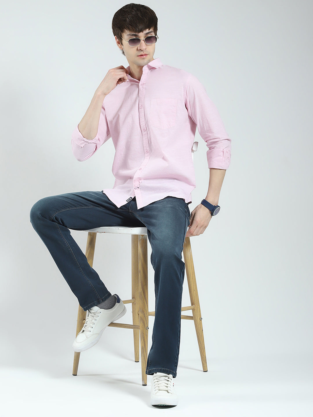Men Pink Solid Collar Full Sleeve Shirt
