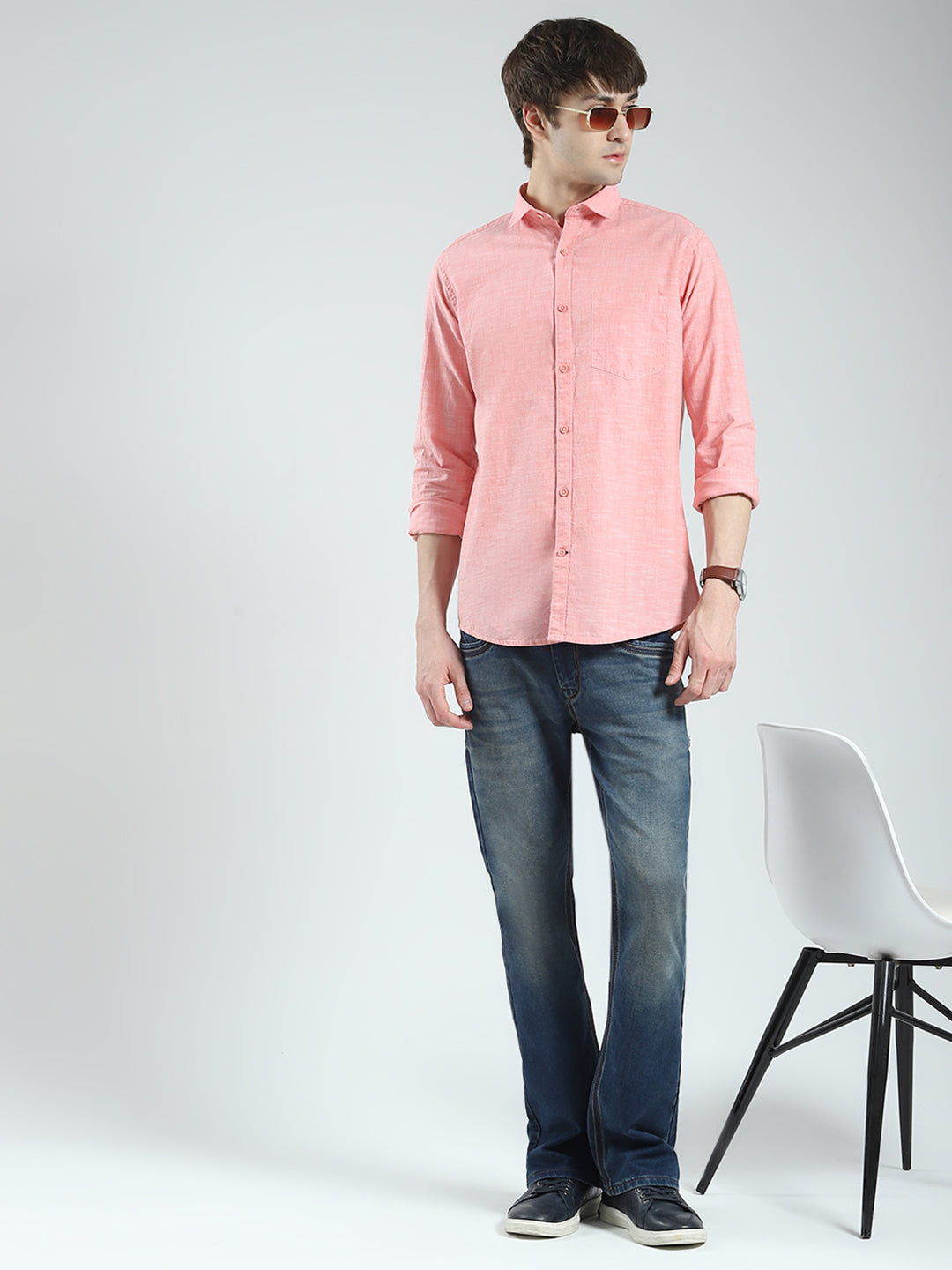 Men Orange Solid Collar Full Sleeve Shirt