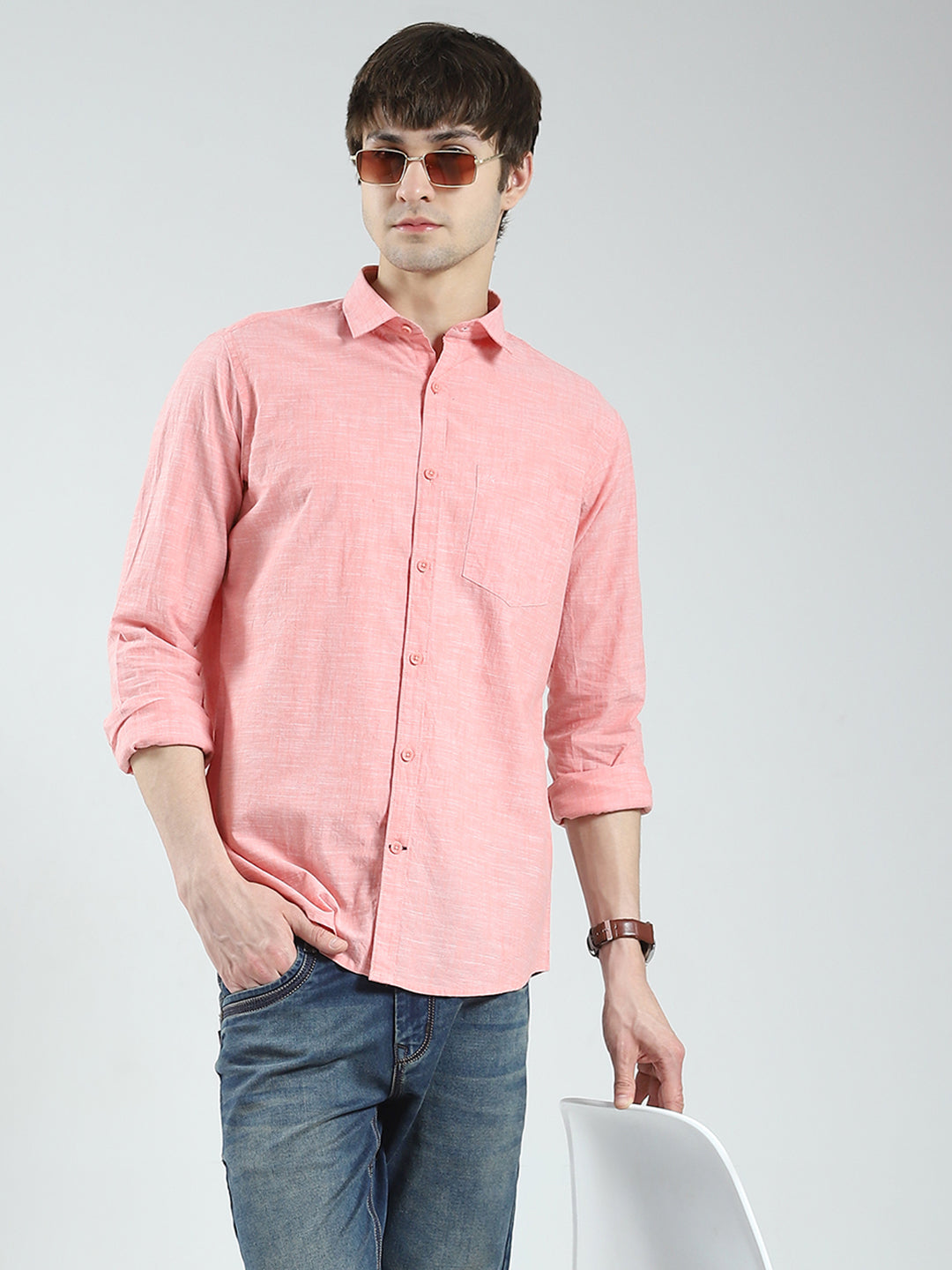 Men Orange Solid Collar Full Sleeve Shirt