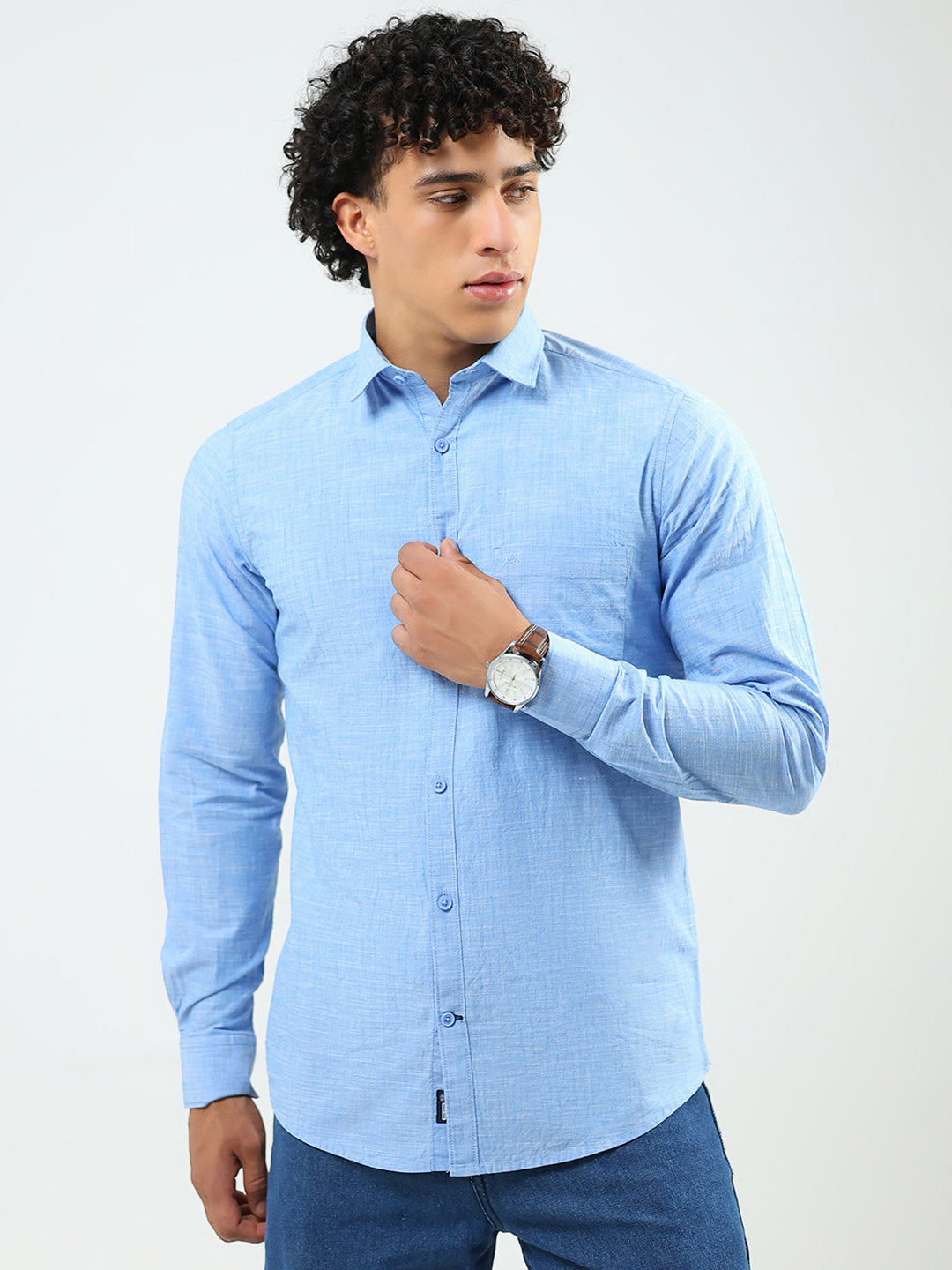 Men Blue Printed Collar Full Sleeve Shirt