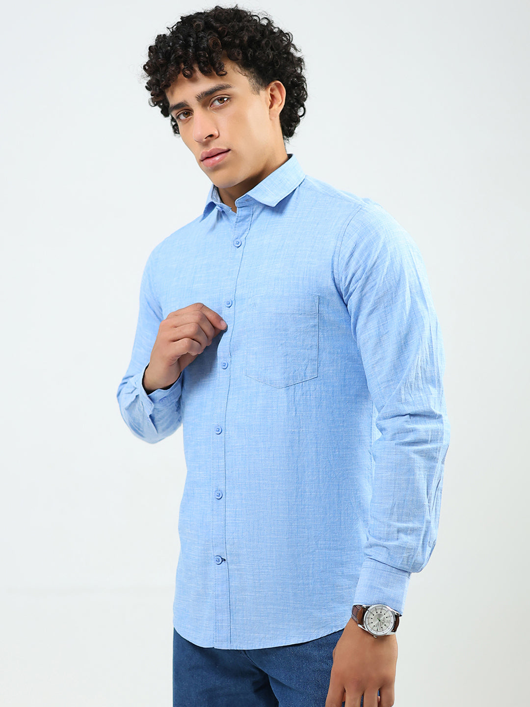 Men Blue Printed Collar Full Sleeve Shirt