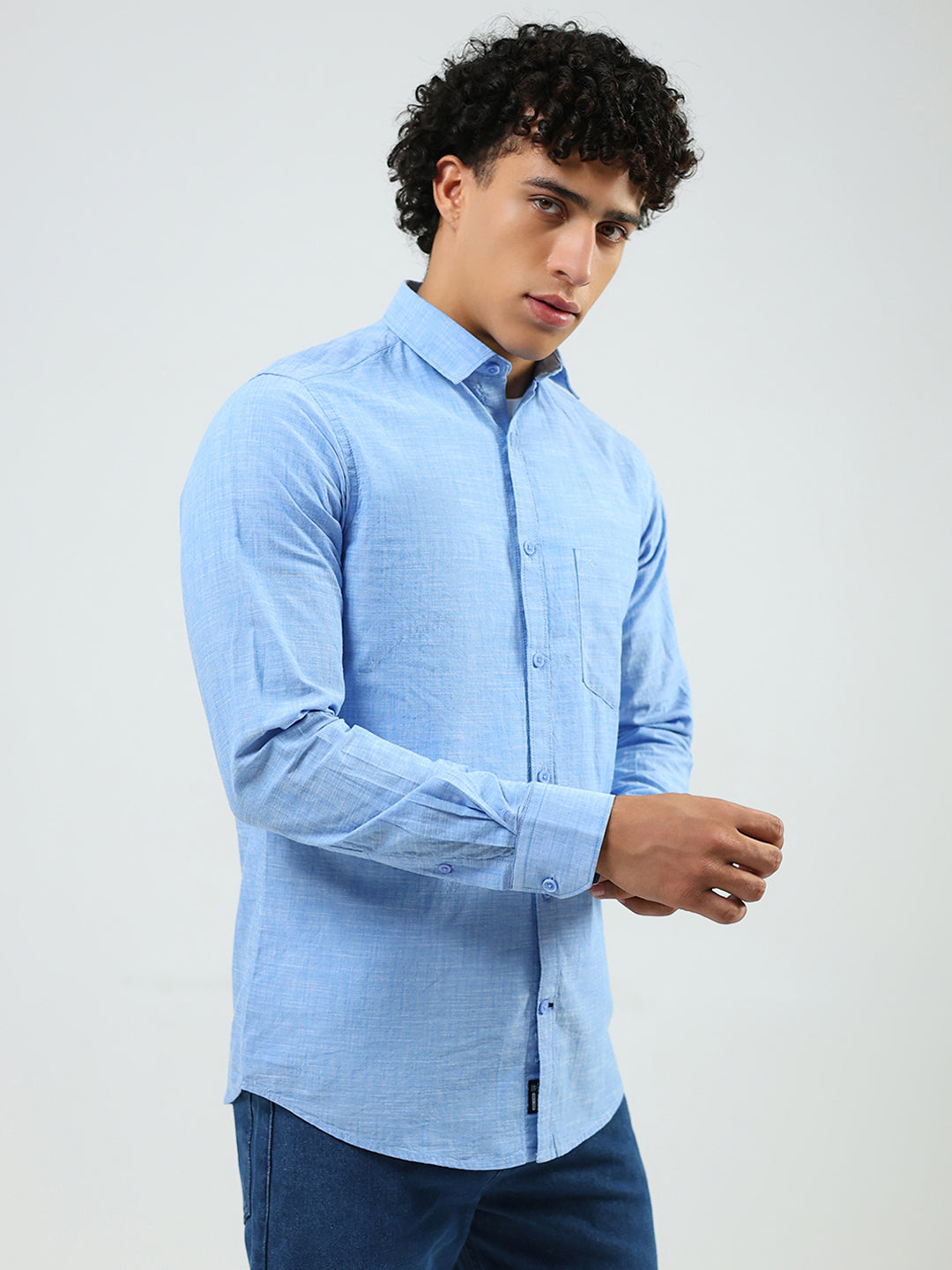 Men Blue Printed Collar Full Sleeve Shirt