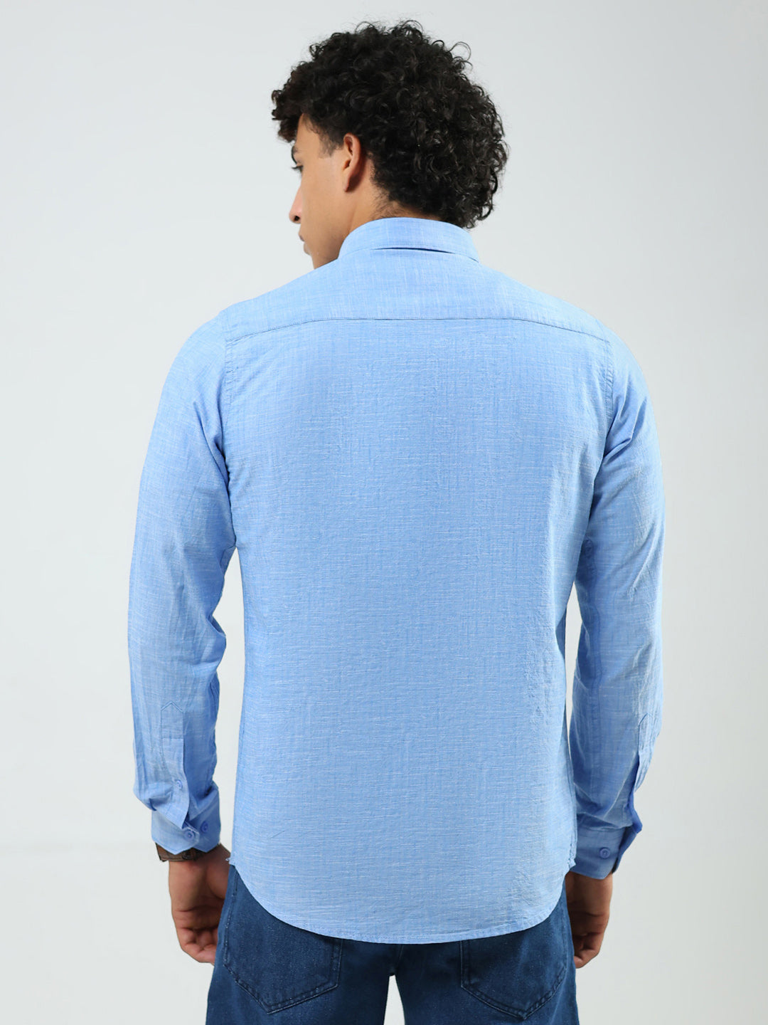 Men Blue Printed Collar Full Sleeve Shirt