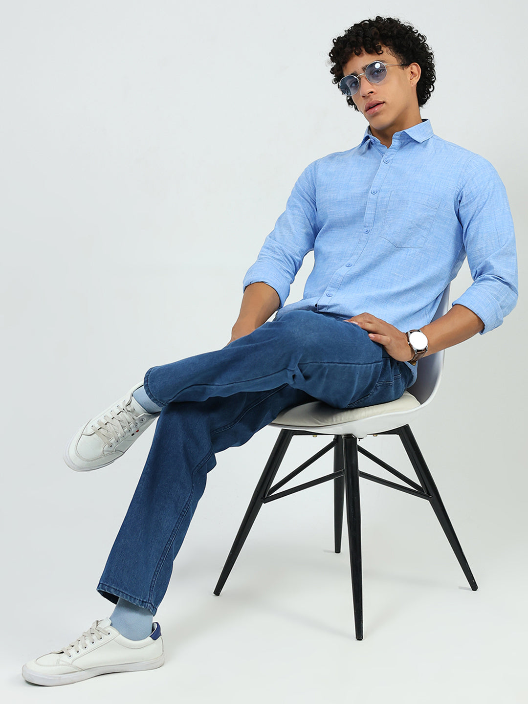 Men Blue Printed Collar Full Sleeve Shirt