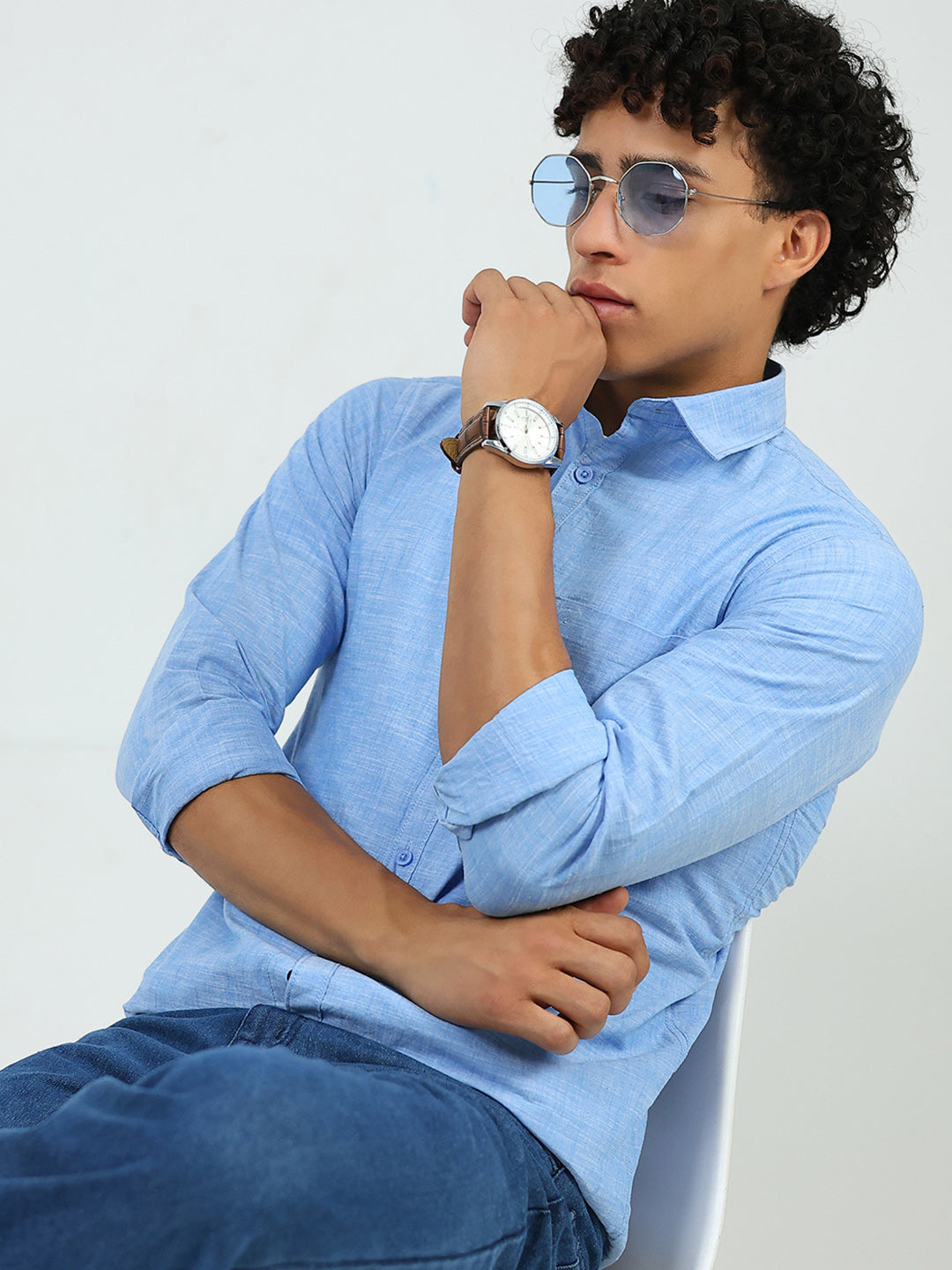 Men Blue Printed Collar Full Sleeve Shirt