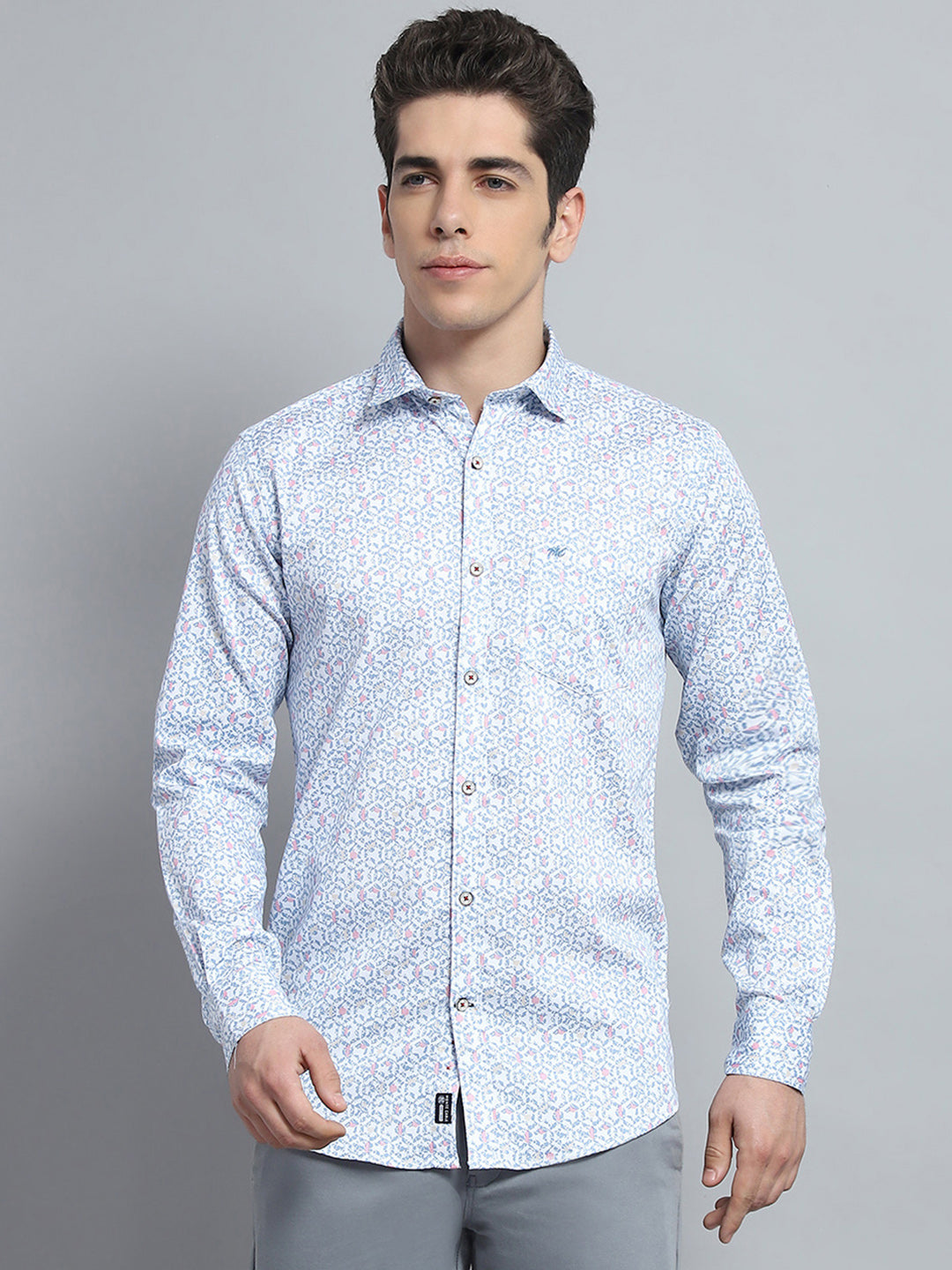 Men Blue Printed Collar Full Sleeve Shirt