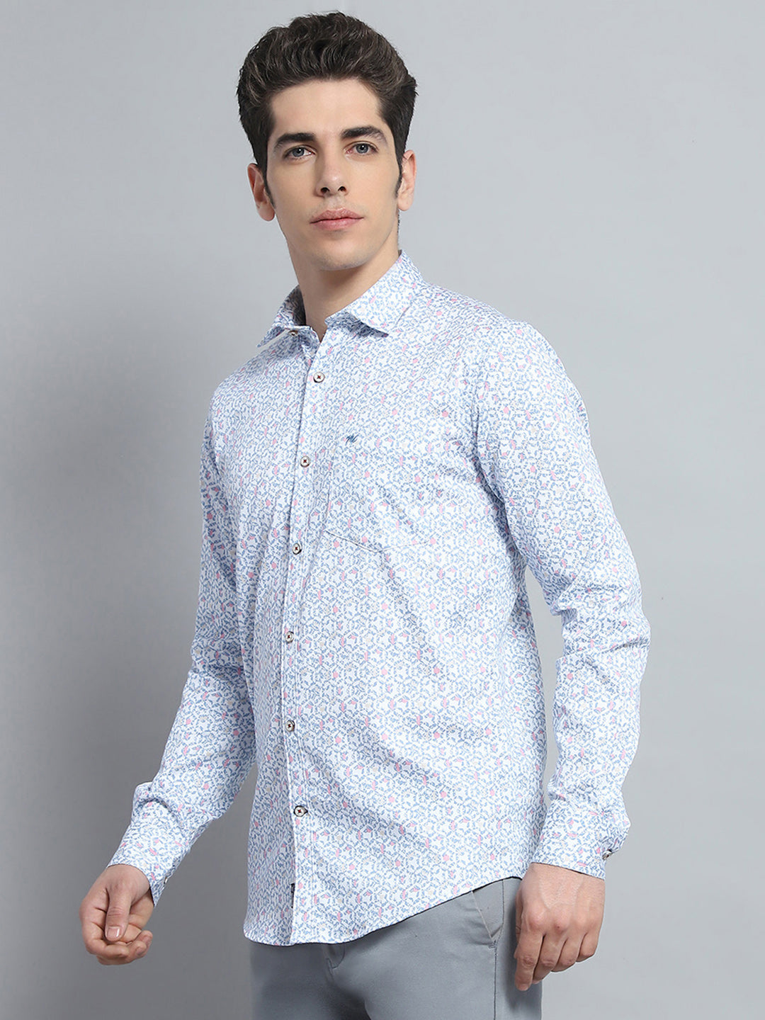 Men Blue Printed Collar Full Sleeve Shirt