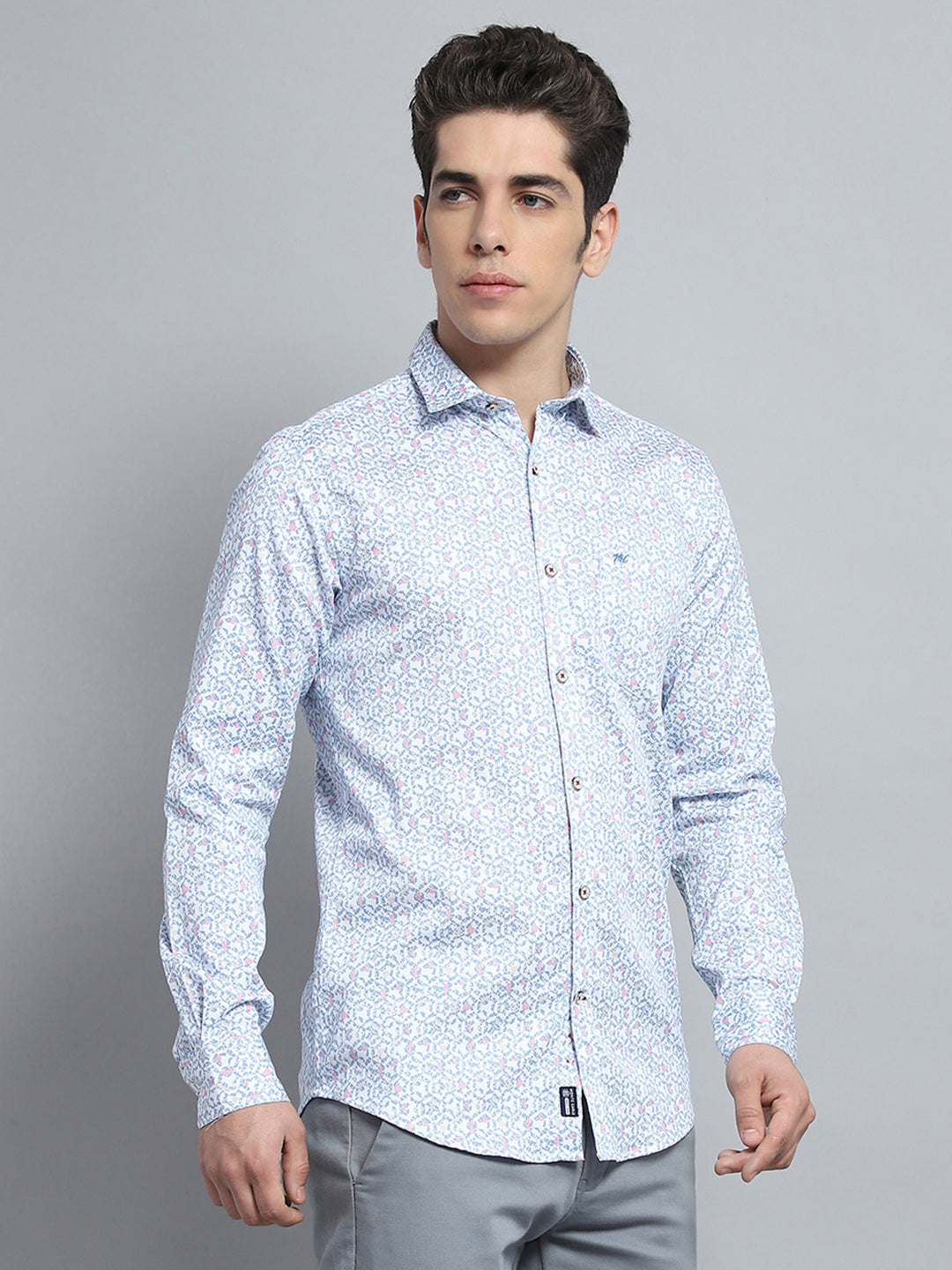 Men Blue Printed Collar Full Sleeve Shirt
