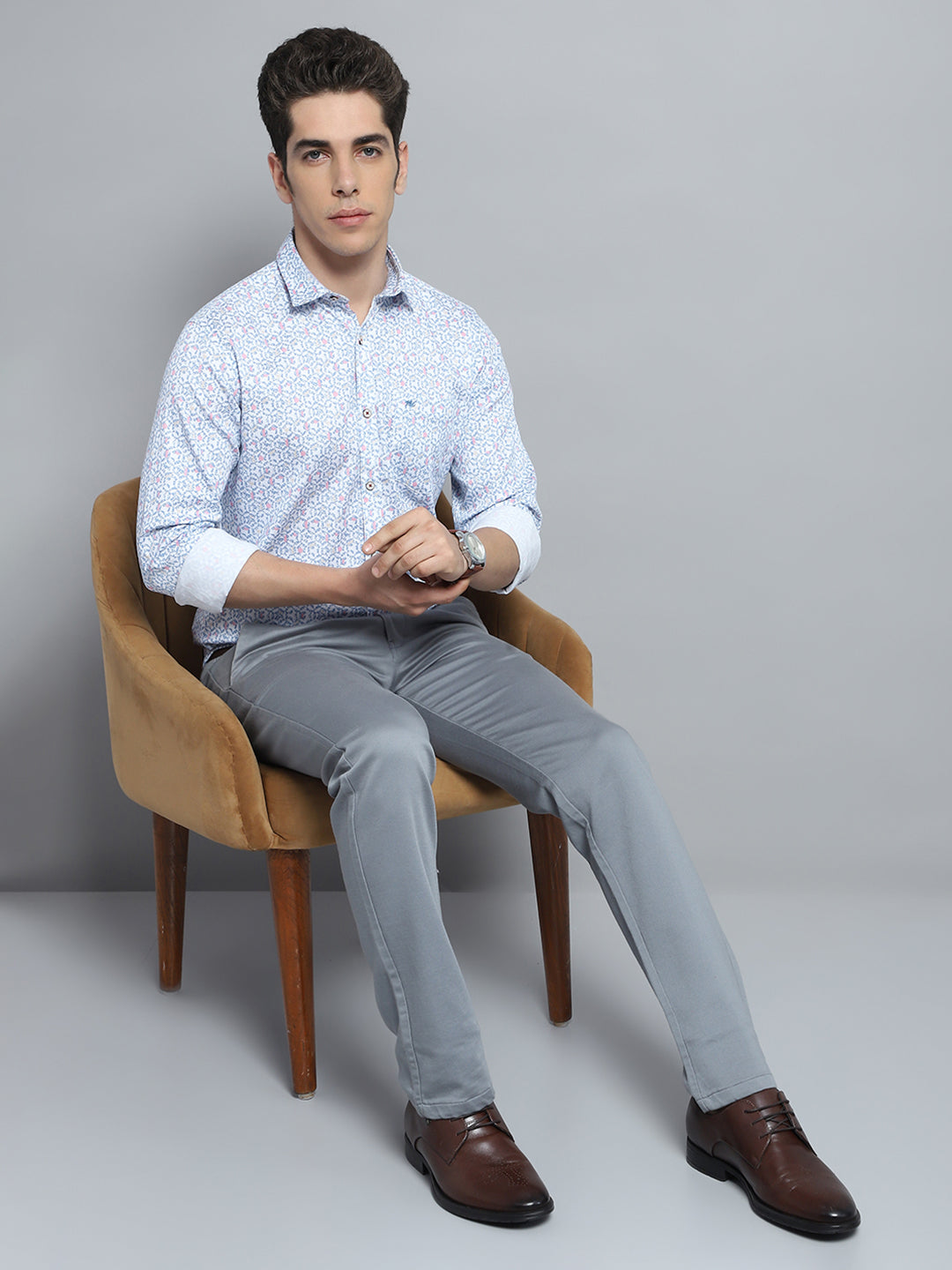 Men Blue Printed Collar Full Sleeve Shirt