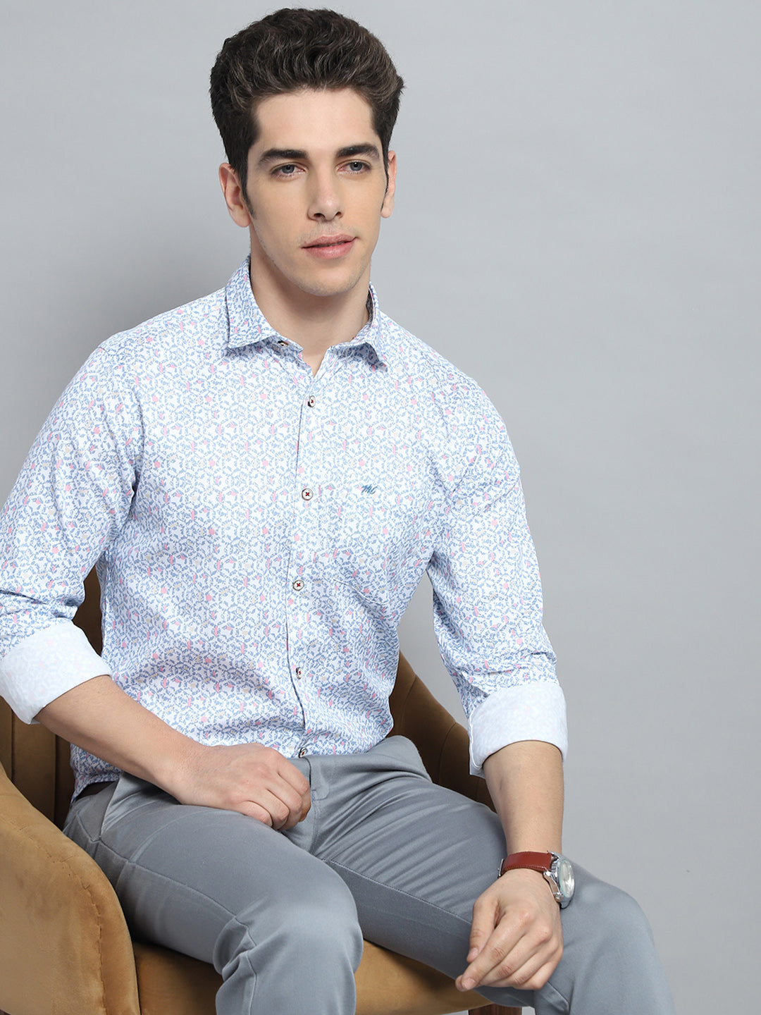 Men Blue Printed Collar Full Sleeve Shirt