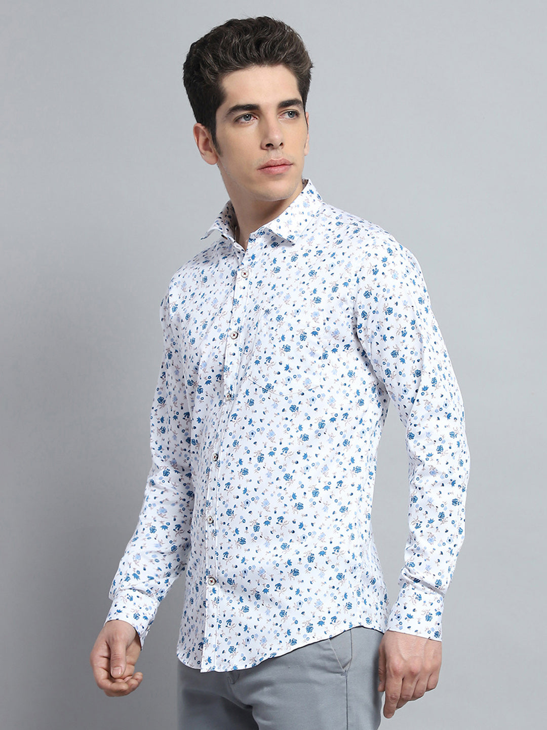 Men Blue Printed Collar Full Sleeve Shirt