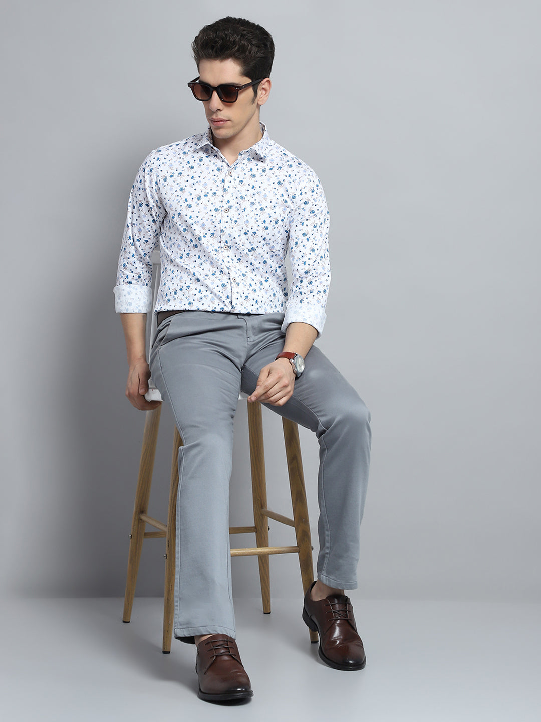 Men Blue Printed Collar Full Sleeve Shirt