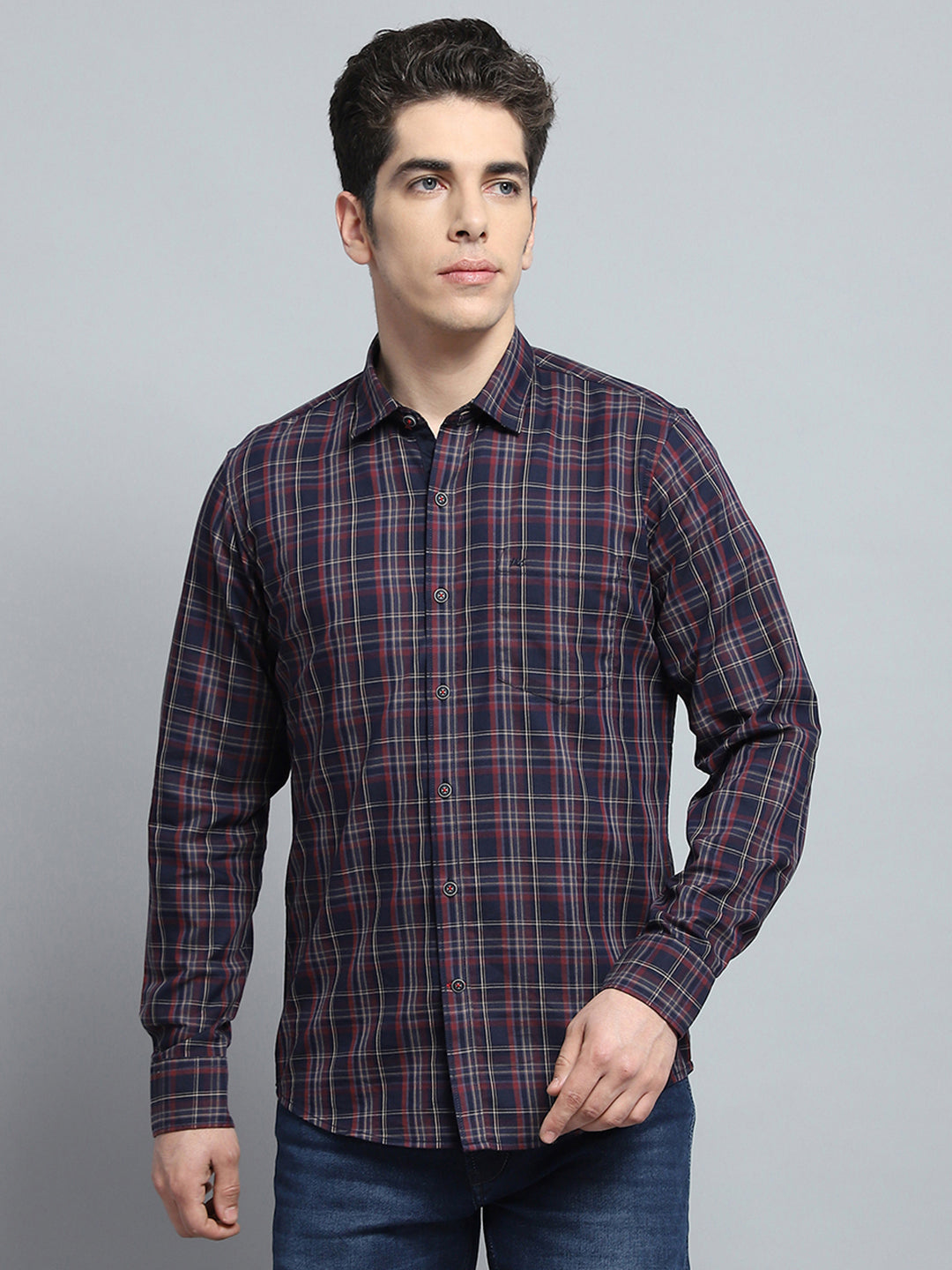 Men Navy Blue Check Collar Full Sleeve Shirt