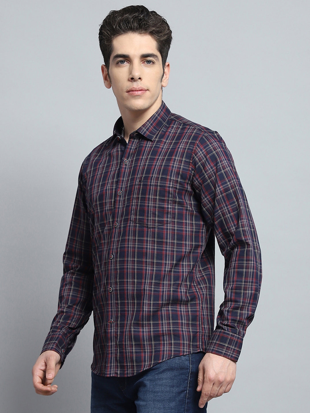 Men Navy Blue Check Collar Full Sleeve Shirt