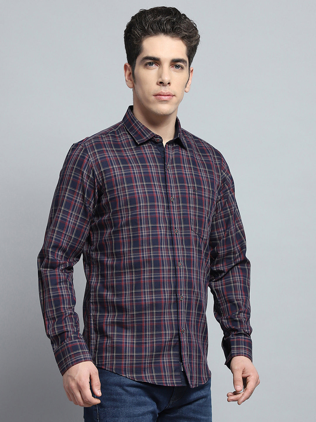 Men Navy Blue Check Collar Full Sleeve Shirt