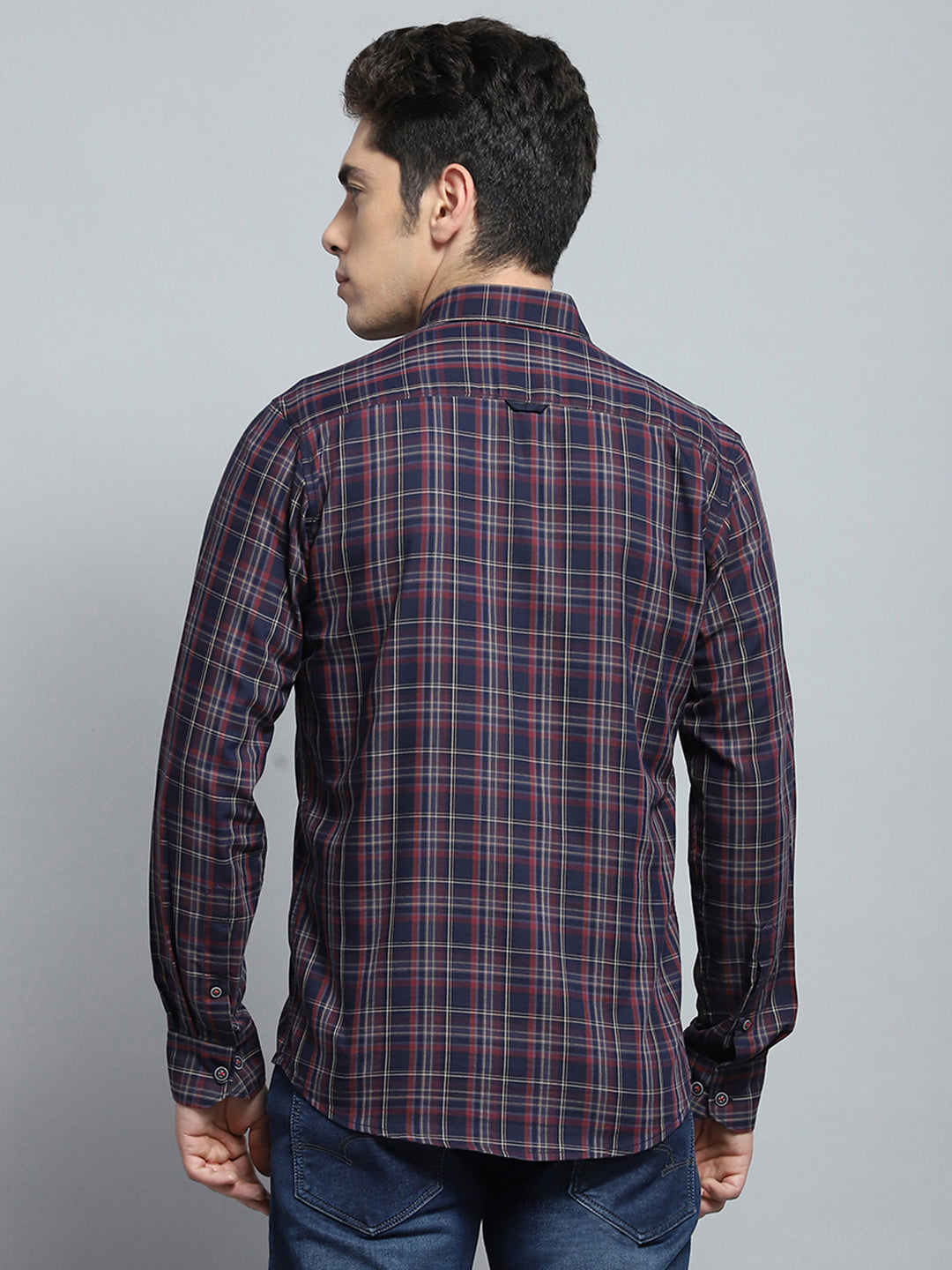 Men Navy Blue Check Collar Full Sleeve Shirt