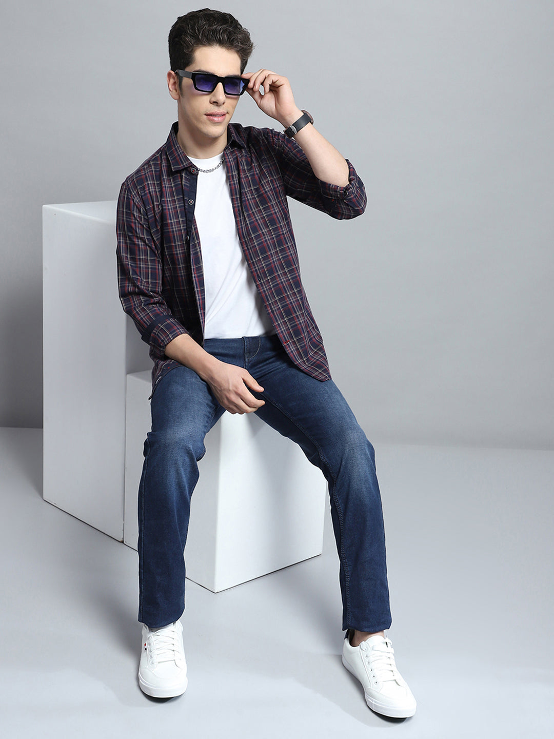 Men Navy Blue Check Collar Full Sleeve Shirt