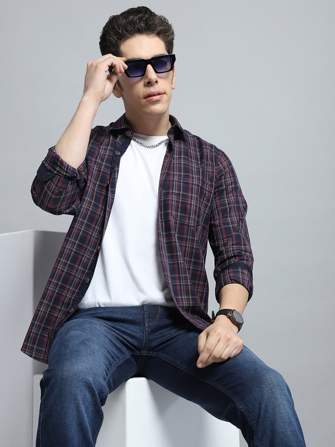 Men Navy Blue Check Collar Full Sleeve Shirt