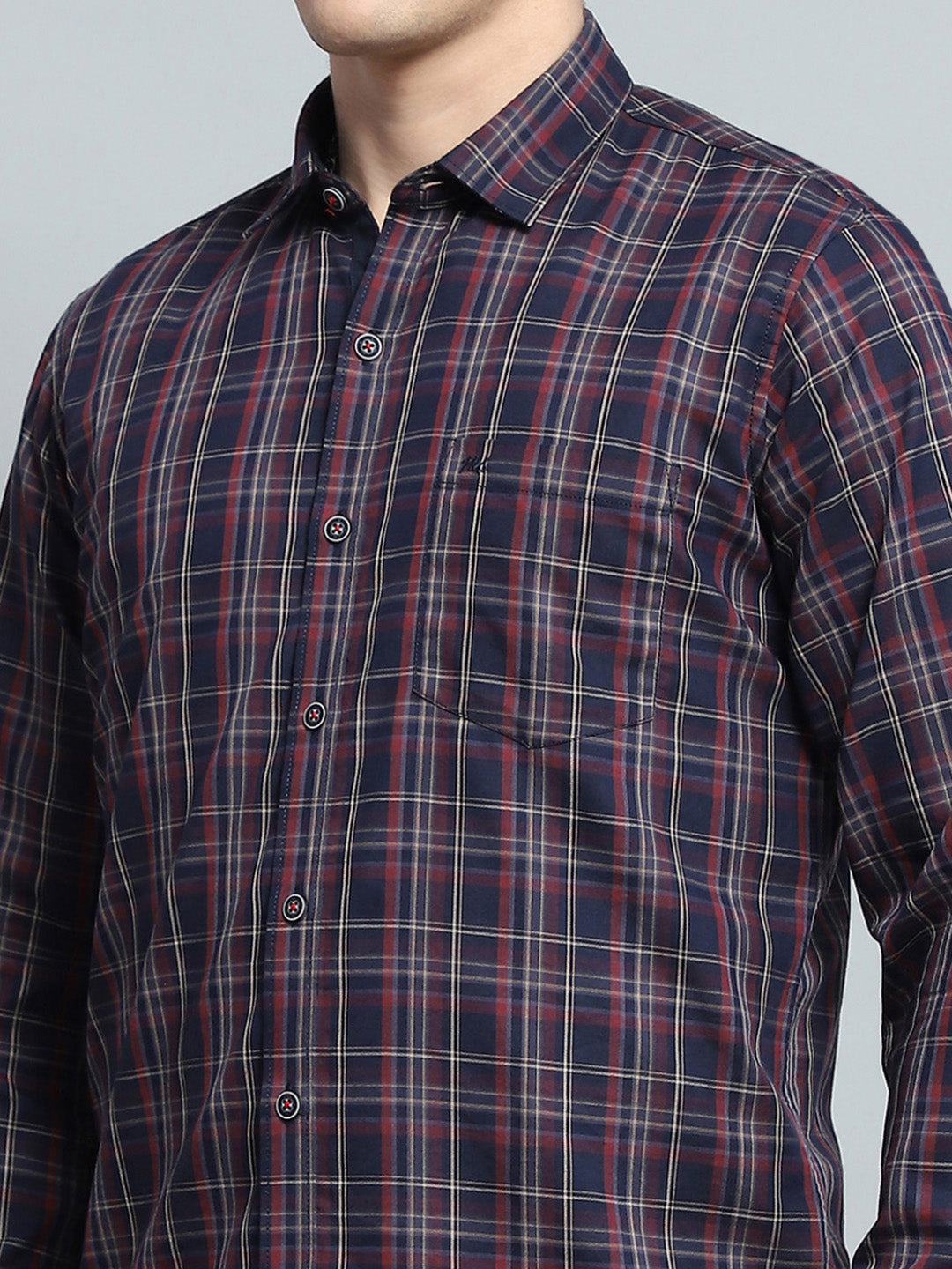 Men Navy Blue Check Collar Full Sleeve Shirt