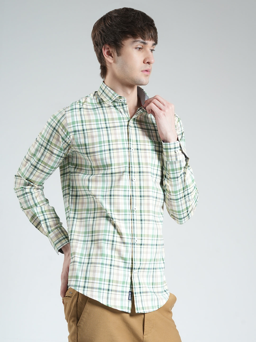 Men Green Check Collar Full Sleeve Shirt