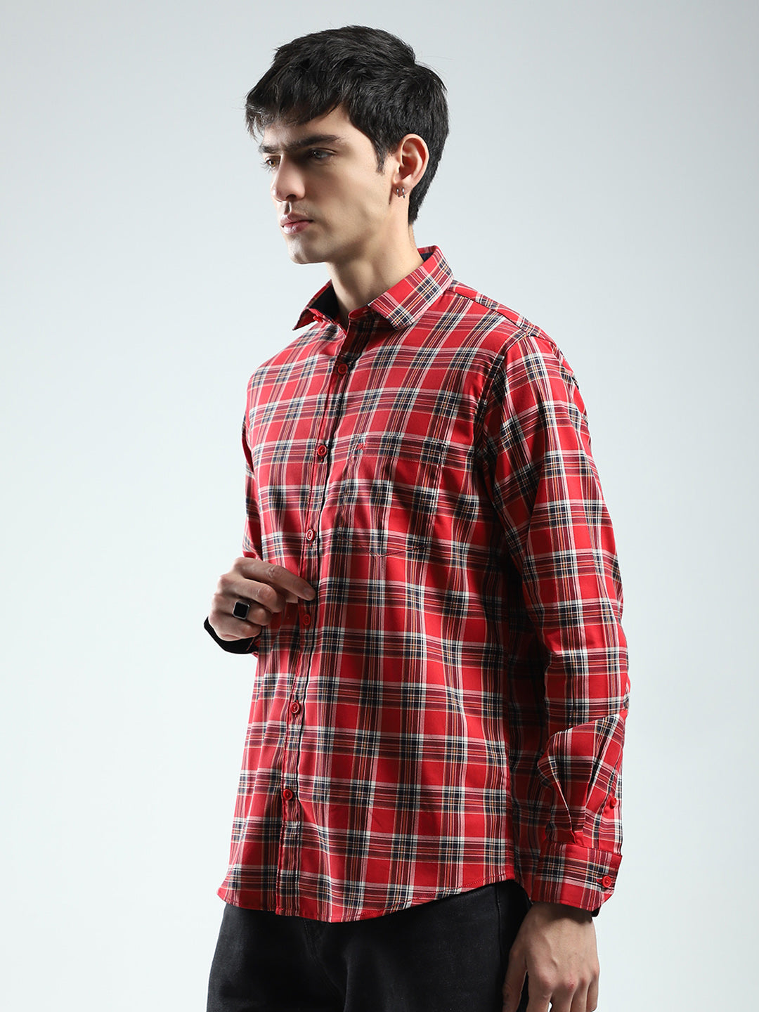 Men Red Check Collar Full Sleeve Shirt