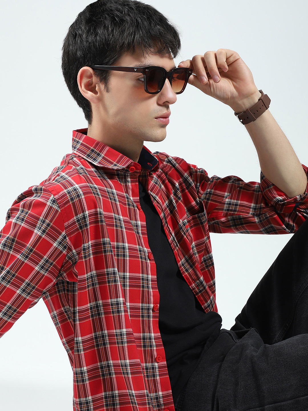Men Red Check Collar Full Sleeve Shirt
