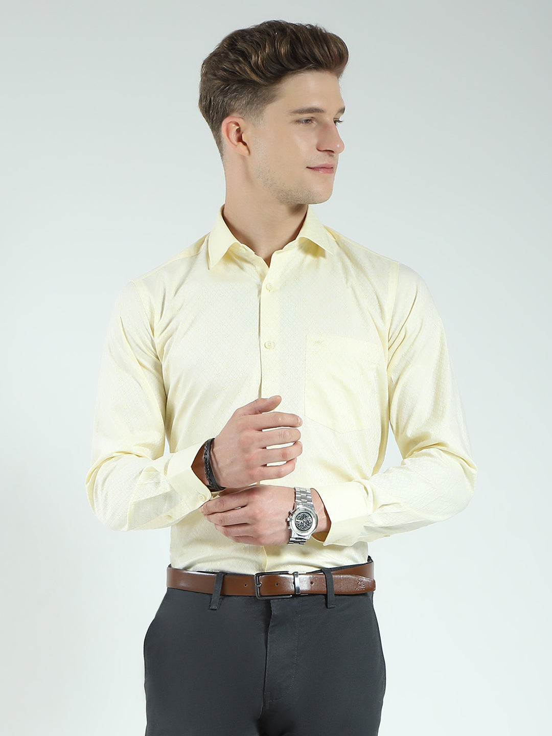 Men Yellow Self Design Collar Full Sleeve Shirt