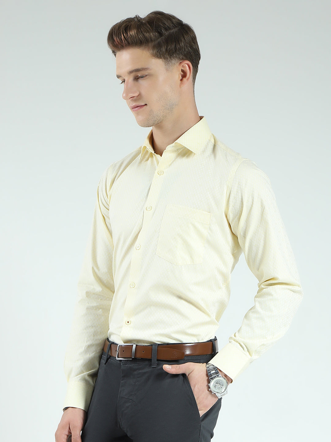Men Yellow Self Design Collar Full Sleeve Shirt