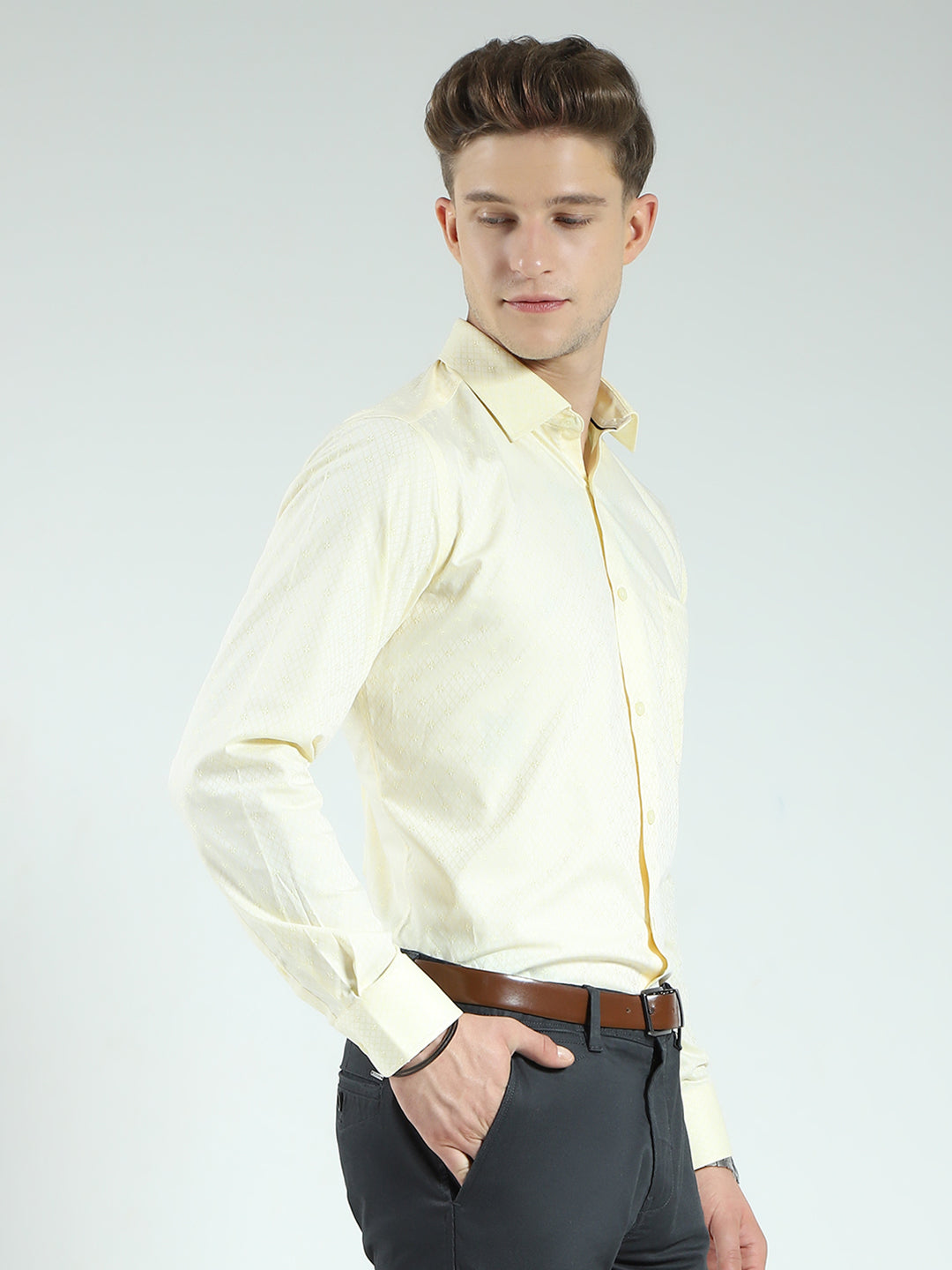 Men Yellow Self Design Collar Full Sleeve Shirt