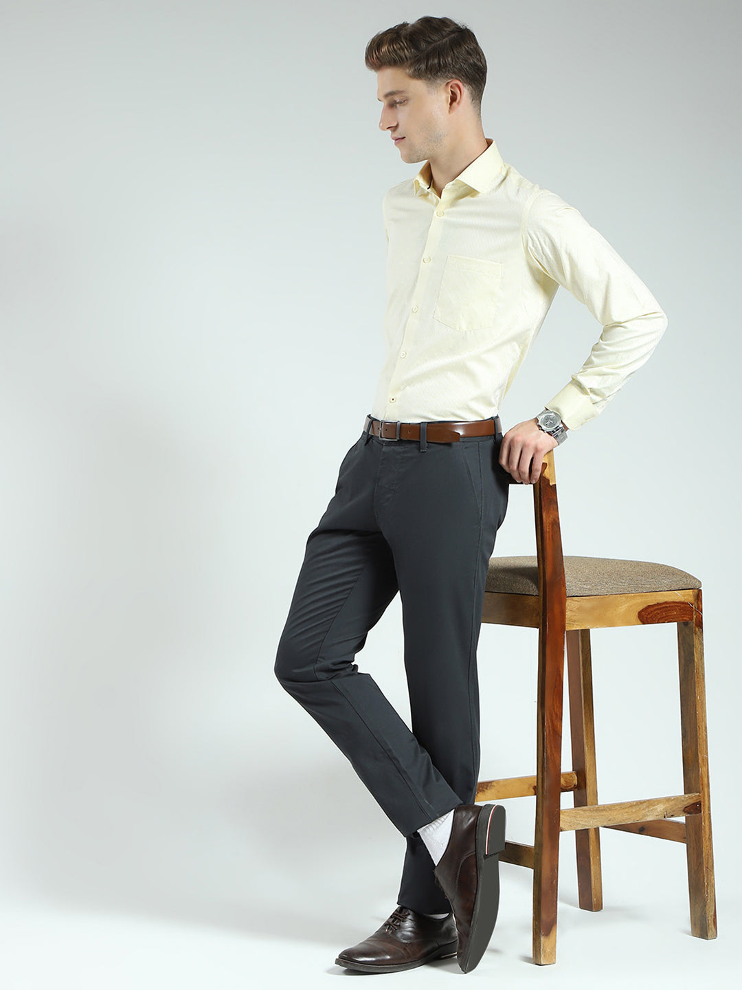 Men Yellow Self Design Collar Full Sleeve Shirt