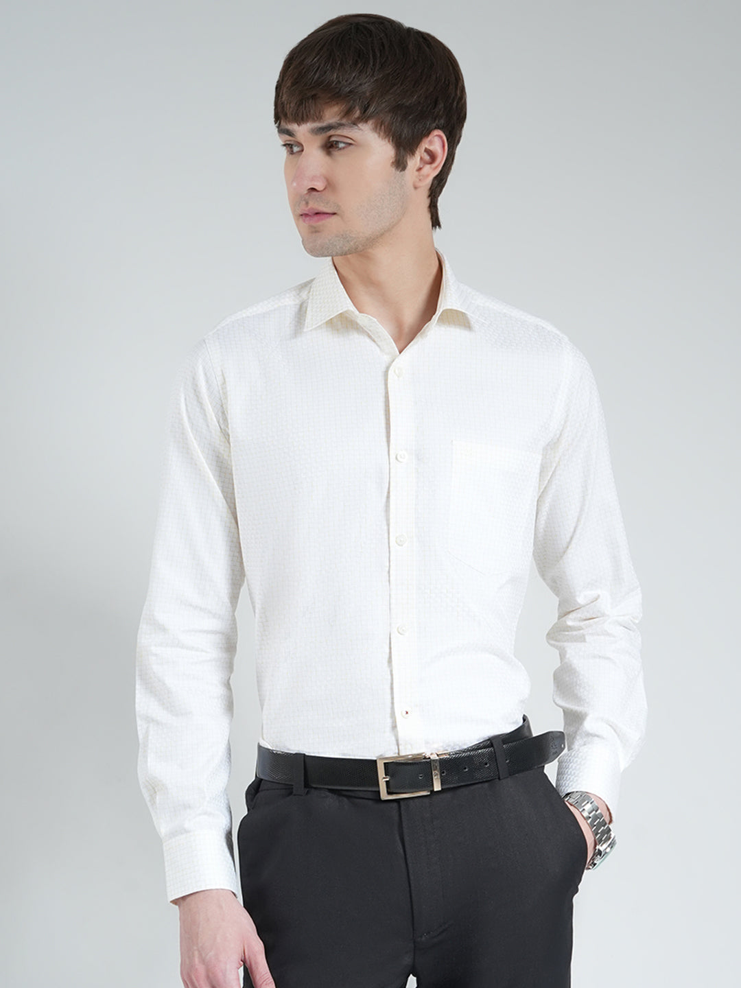 Men Yellow Check Collar Full Sleeve Shirt