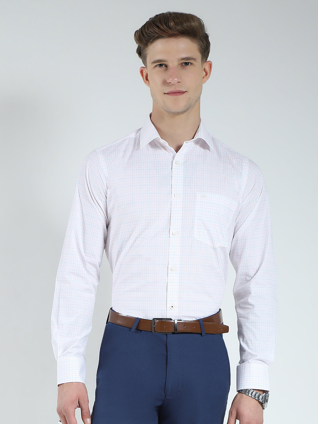 Men White Check Collar Full Sleeve Shirt