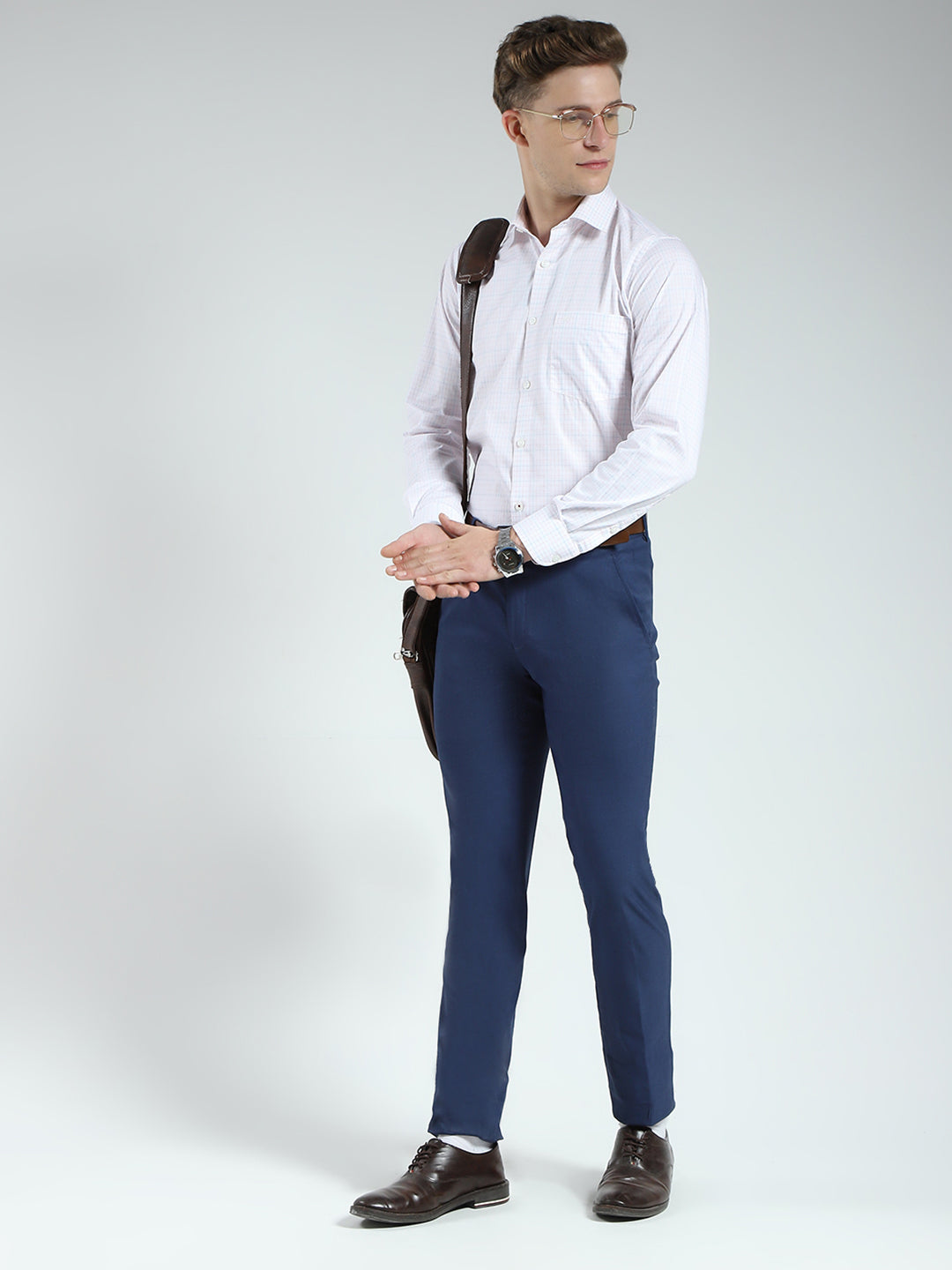 Men White Check Collar Full Sleeve Shirt