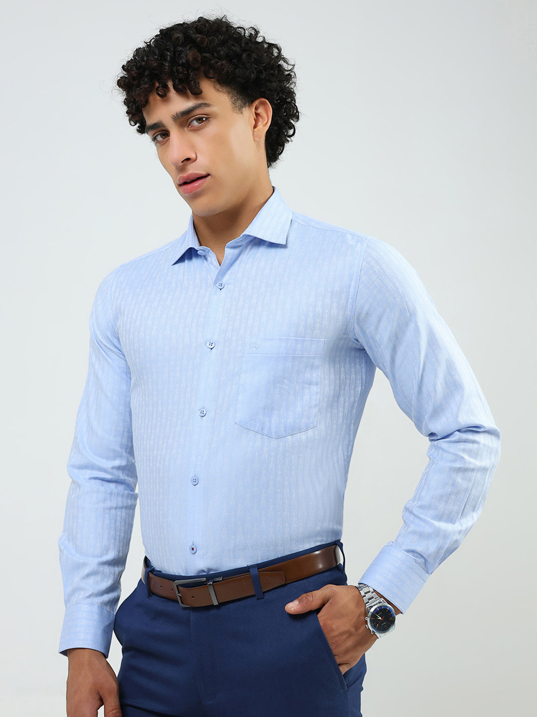Men Blue Solid Collar Full Sleeve Shirt