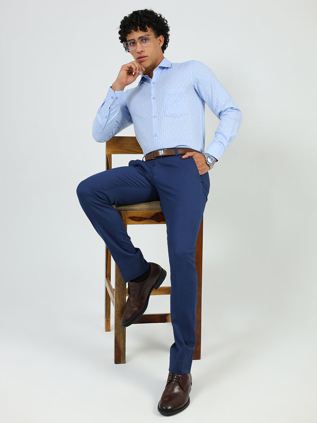 Men Blue Solid Collar Full Sleeve Shirt