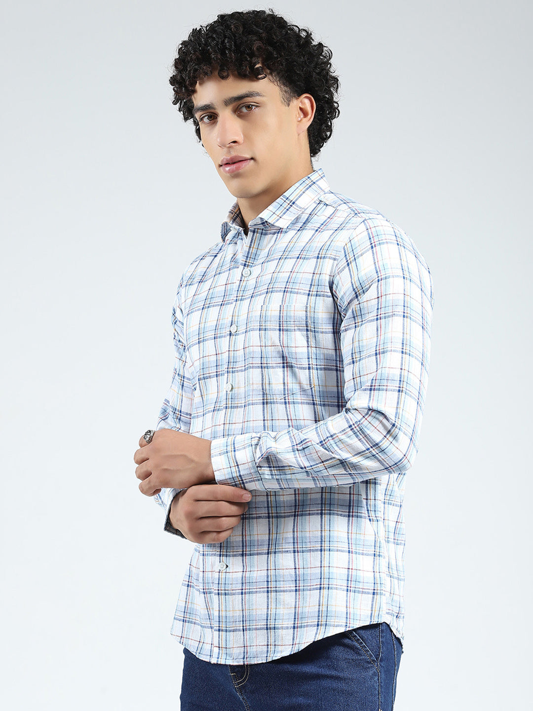 Men Blue Check Collar Full Sleeve Linen Shirt