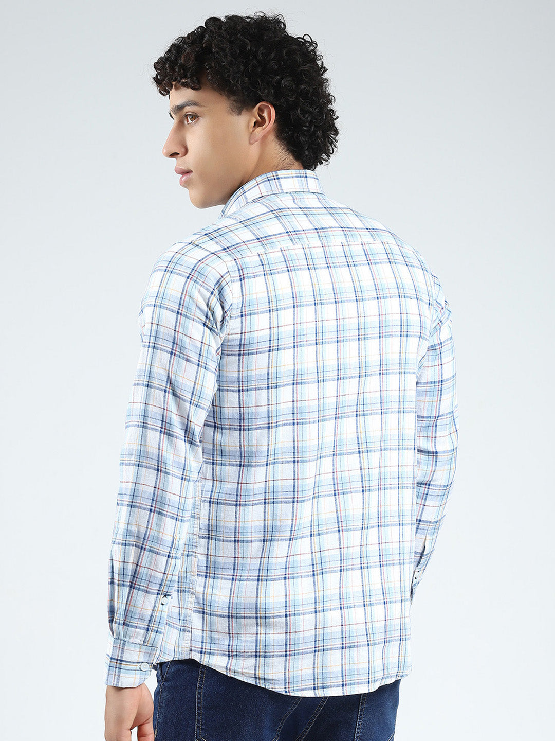 Men Blue Check Collar Full Sleeve Linen Shirt