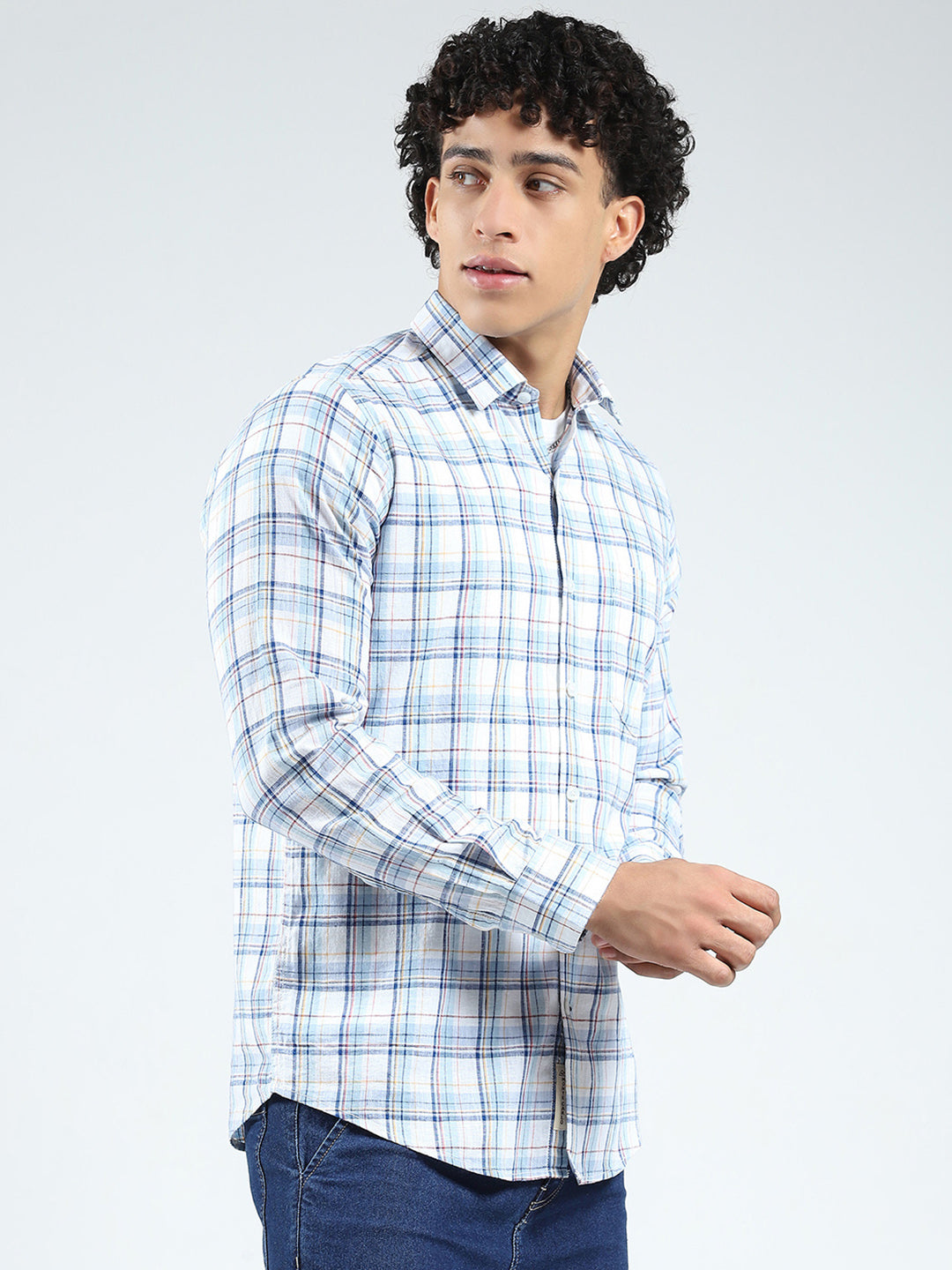 Men Blue Check Collar Full Sleeve Linen Shirt
