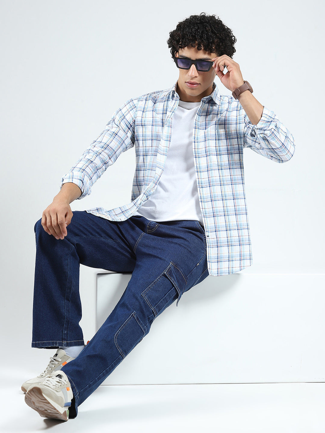 Men Blue Check Collar Full Sleeve Linen Shirt
