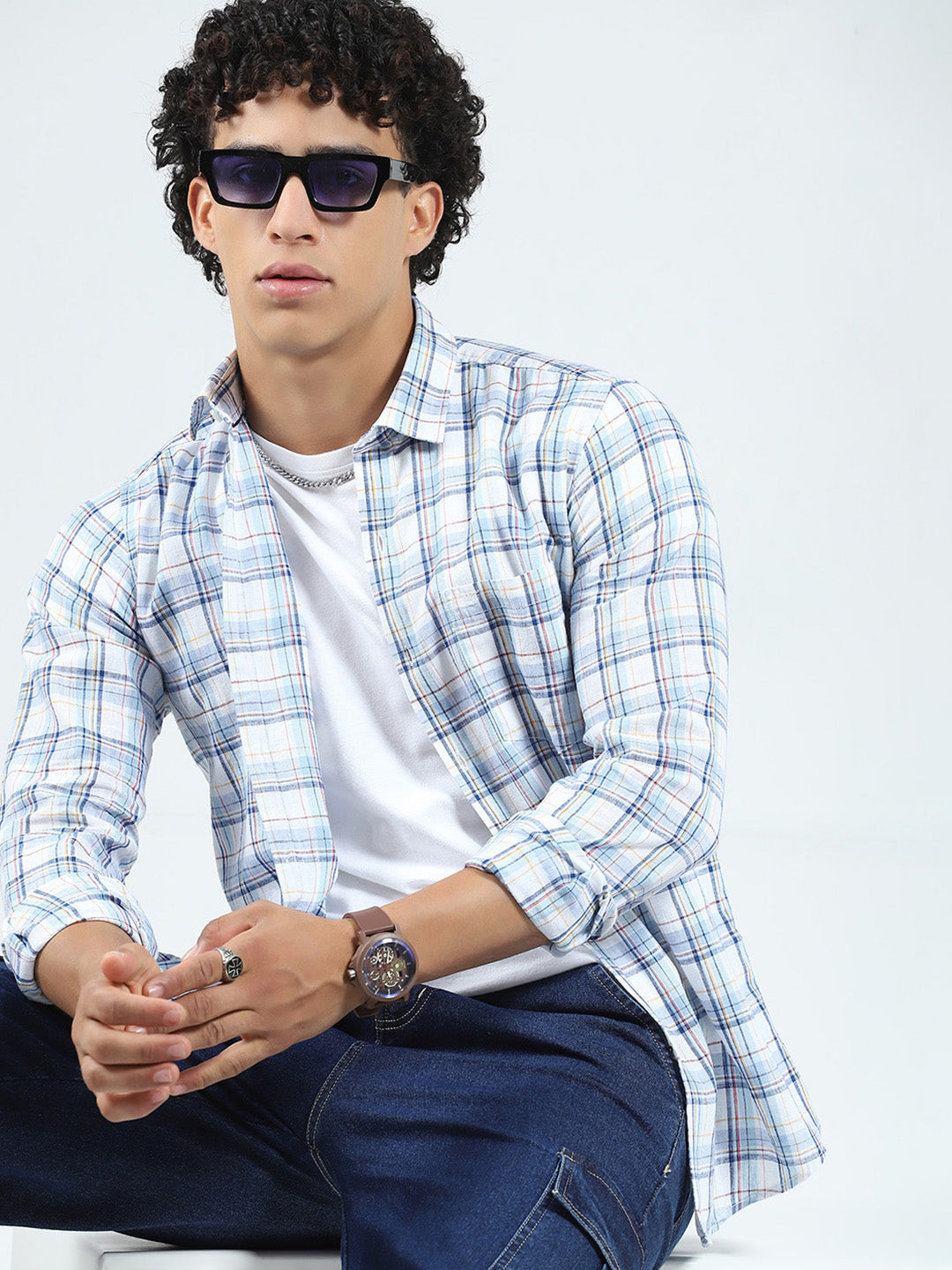 Men Blue Check Collar Full Sleeve Linen Shirt