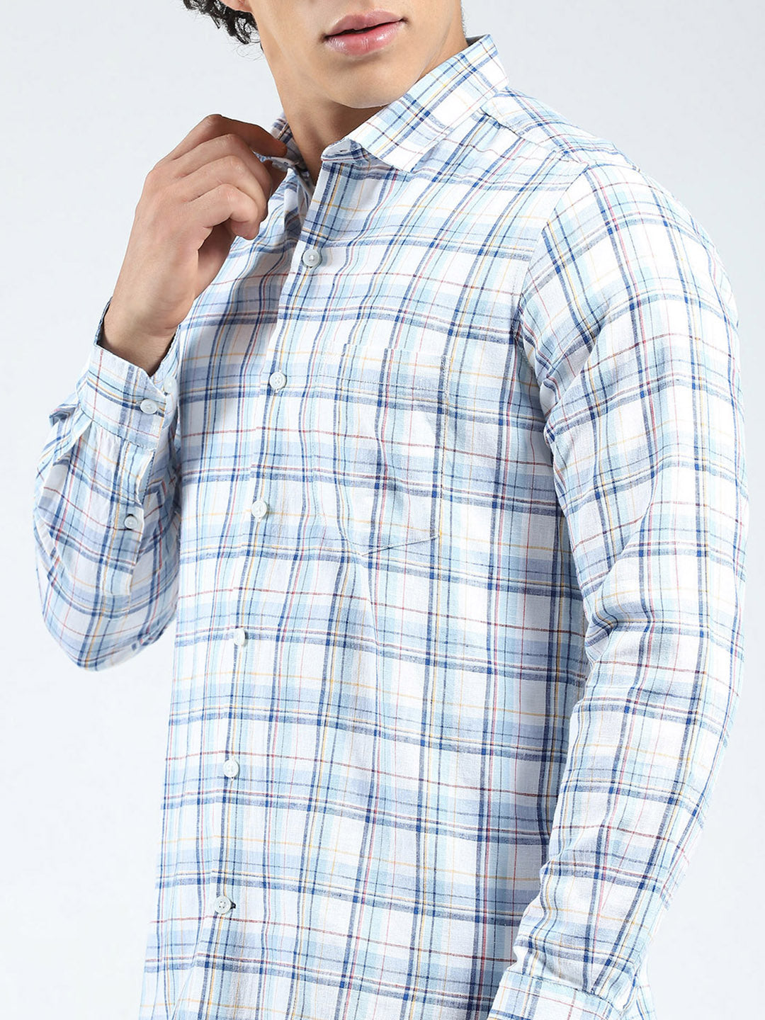 Men Blue Check Collar Full Sleeve Linen Shirt