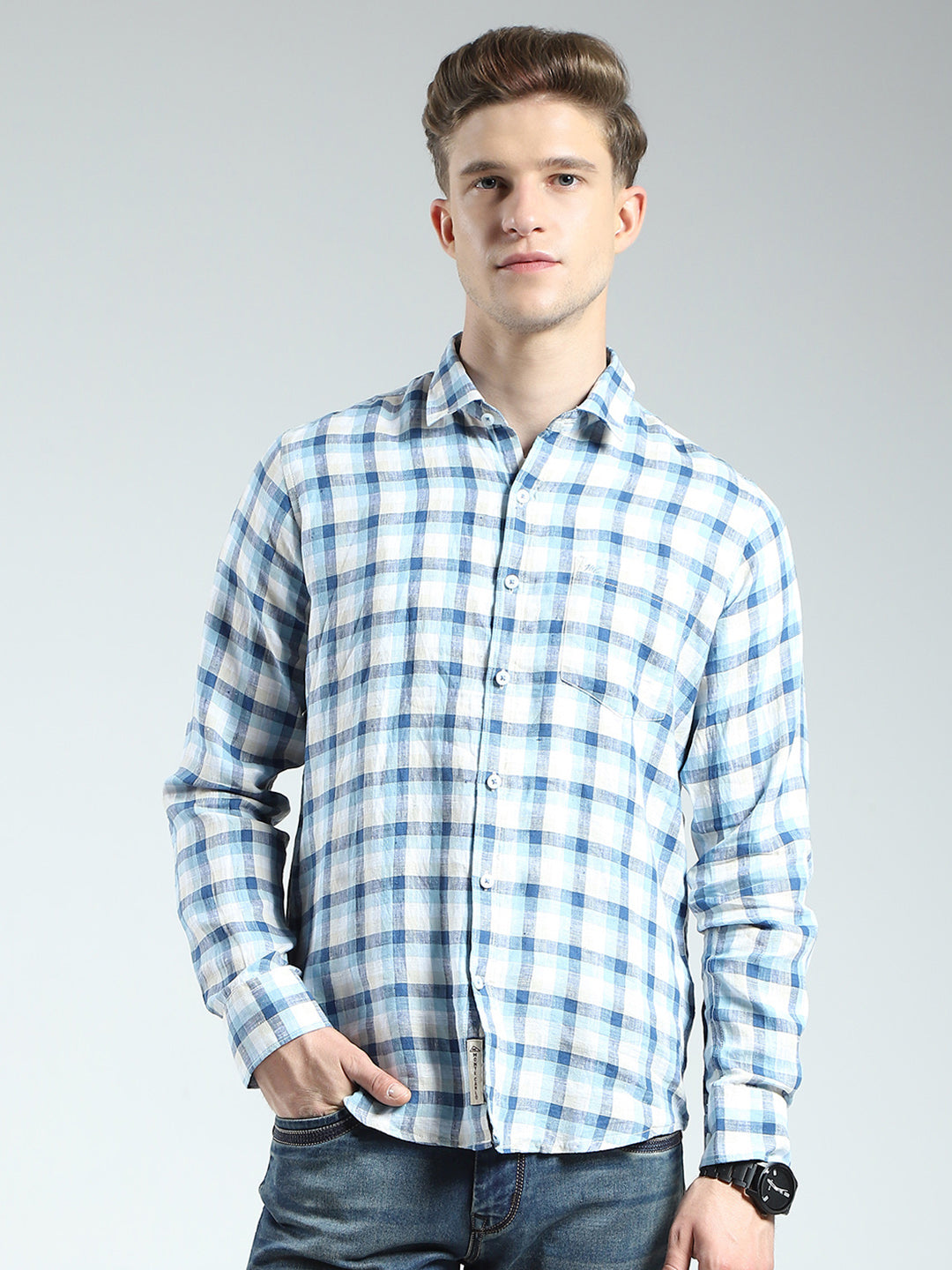 Men Blue Check Collar Full Sleeve Linen Shirt