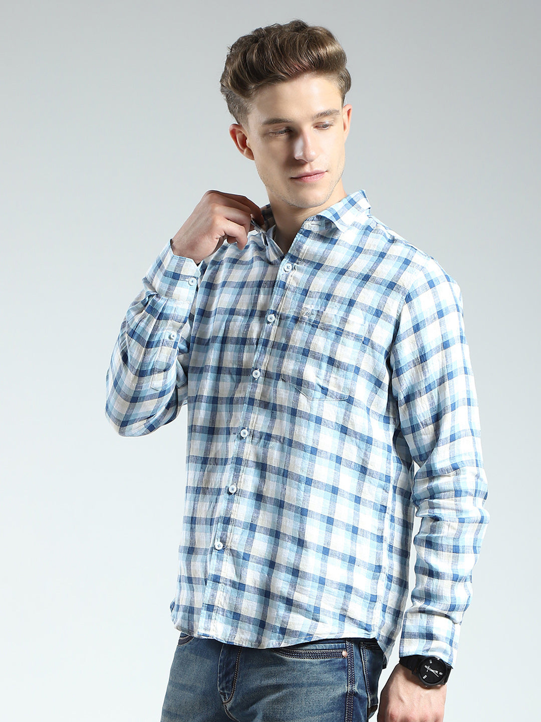 Men Blue Check Collar Full Sleeve Linen Shirt