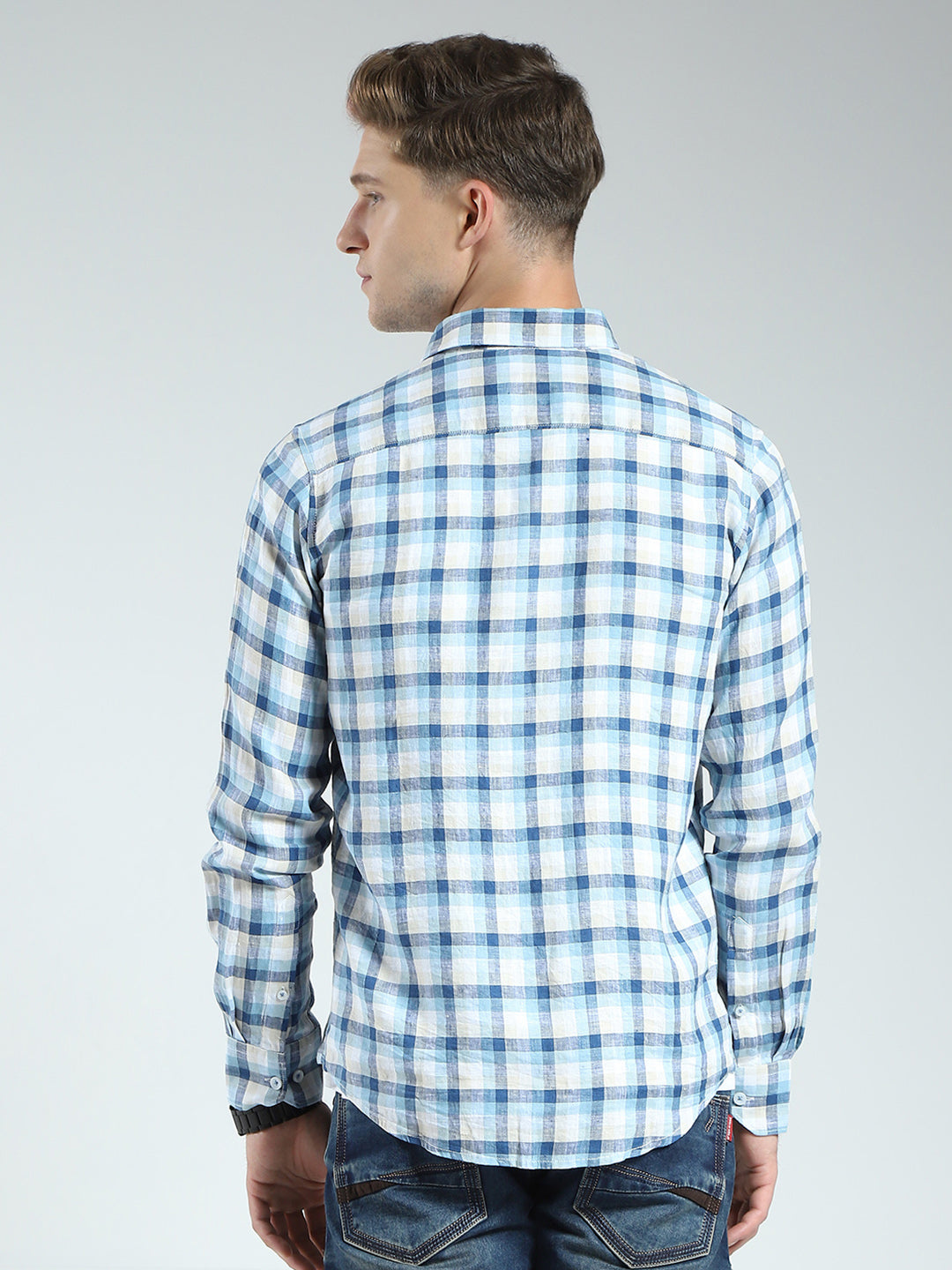 Men Blue Check Collar Full Sleeve Linen Shirt