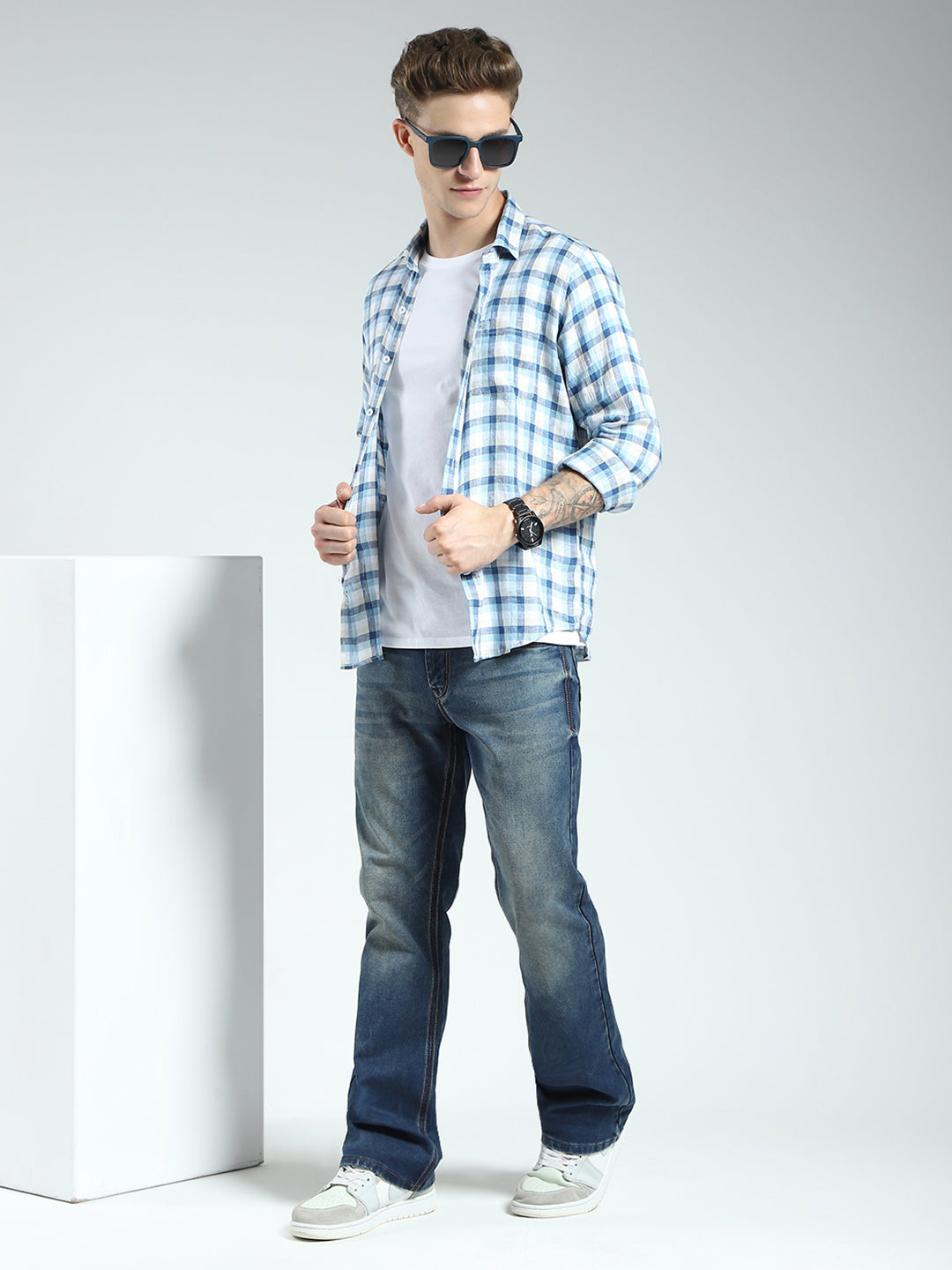 Men Blue Check Collar Full Sleeve Linen Shirt