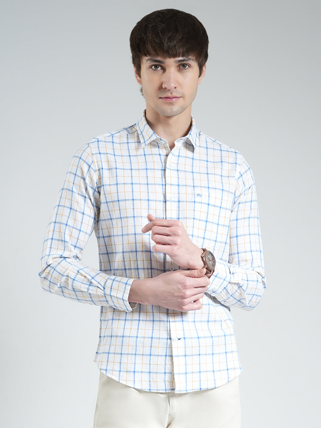 Men White Check Collar Full Sleeve Linen Shirt