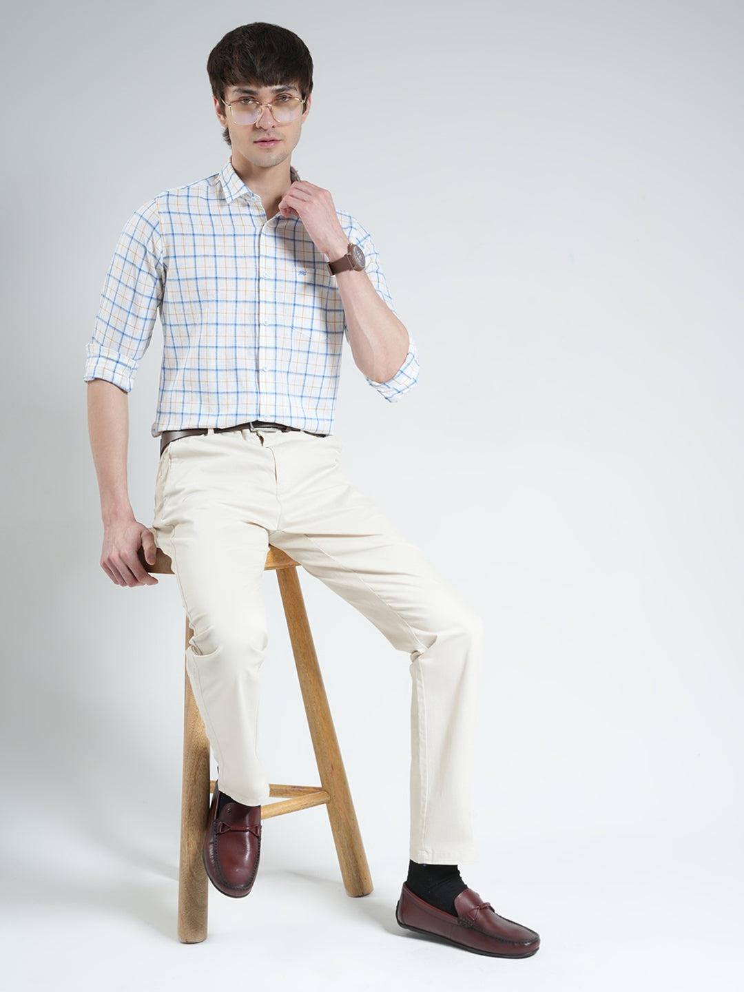 Men White Check Collar Full Sleeve Linen Shirt