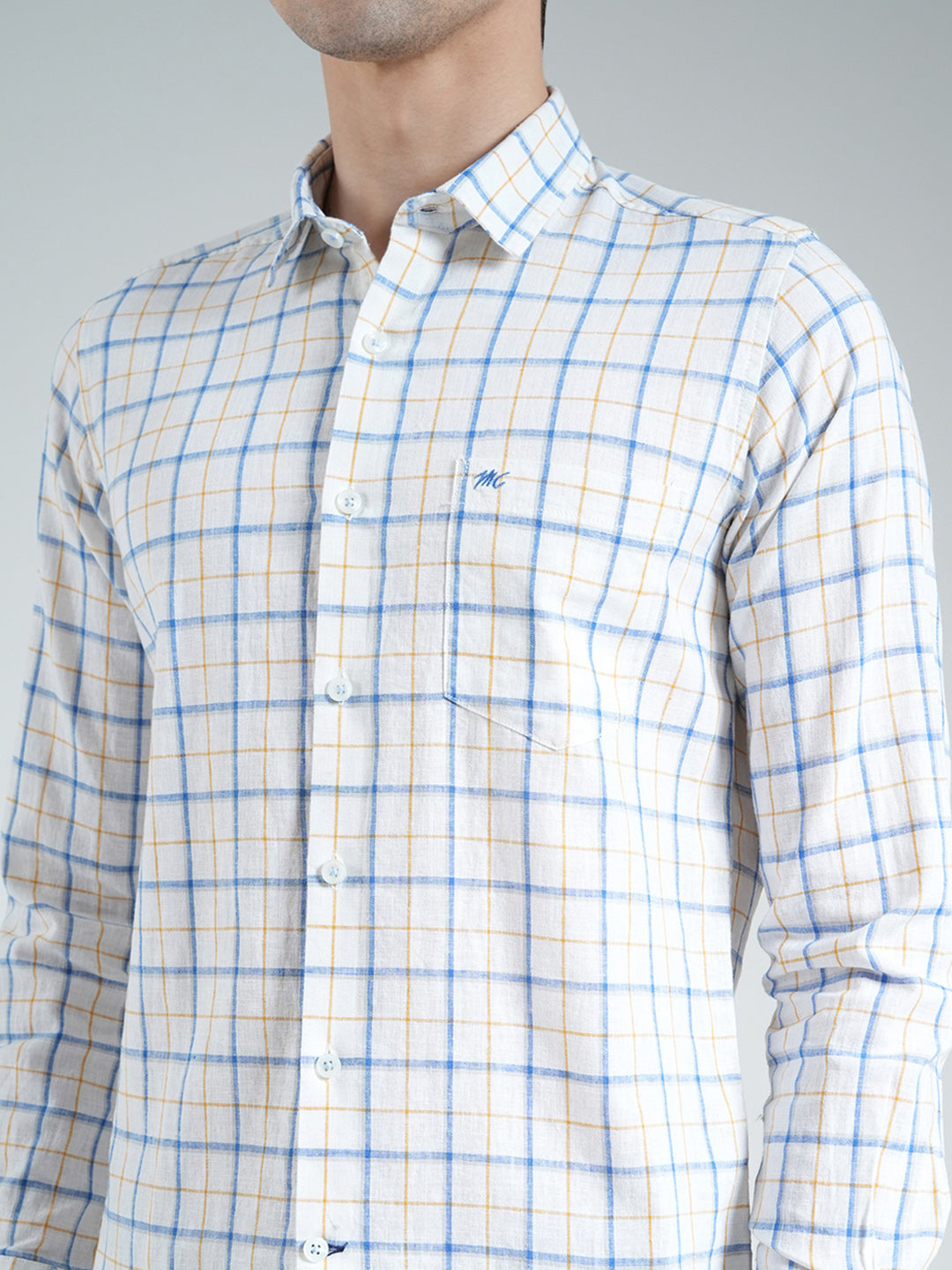 Men White Check Collar Full Sleeve Linen Shirt
