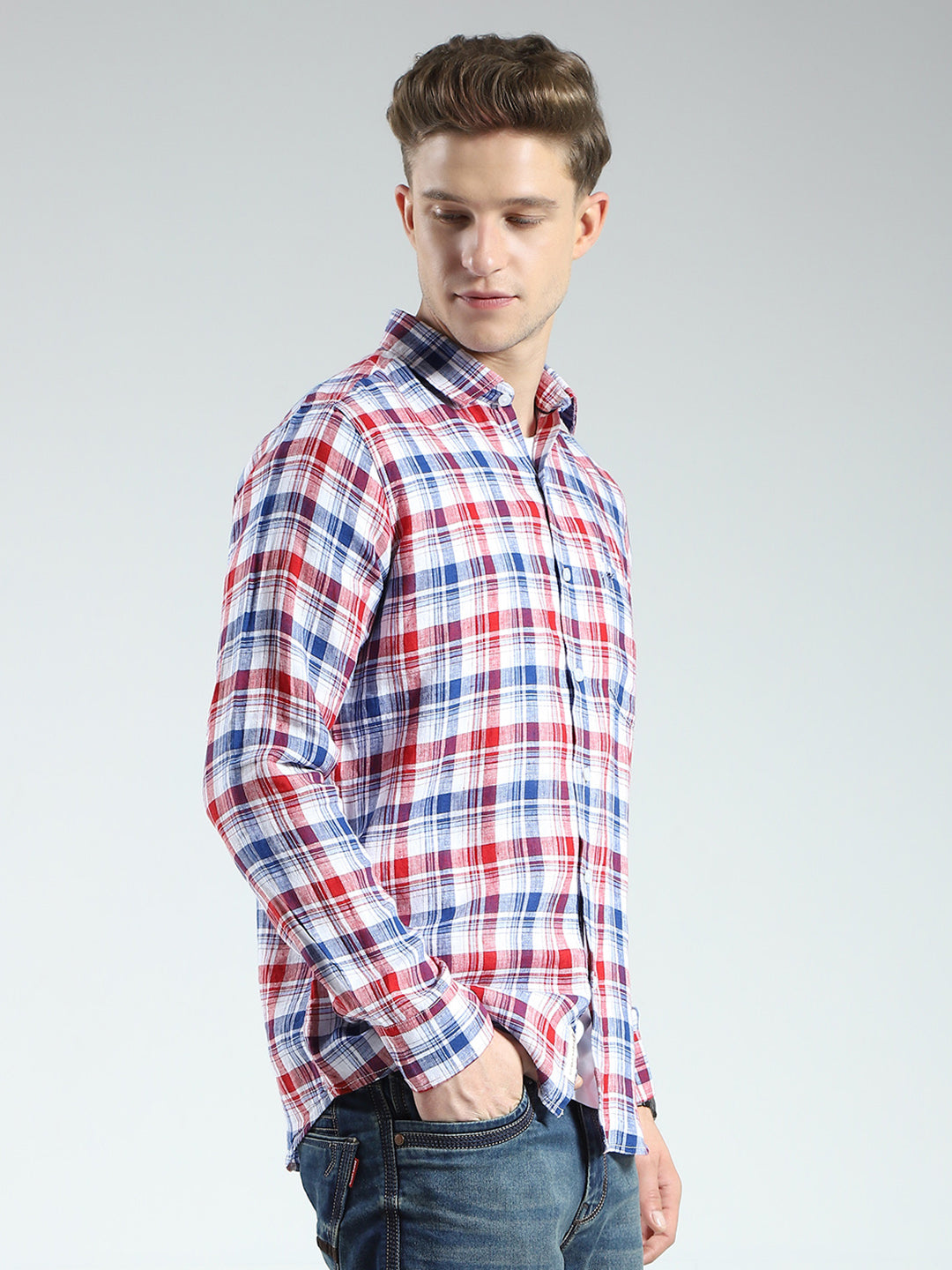 Men Red Check Collar Full Sleeve Linen Shirt