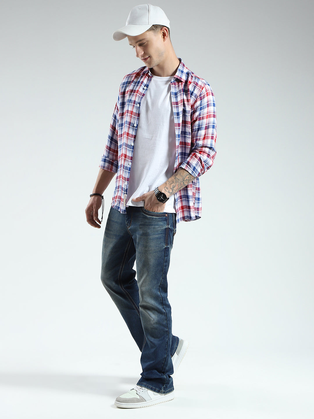 Men Red Check Collar Full Sleeve Linen Shirt